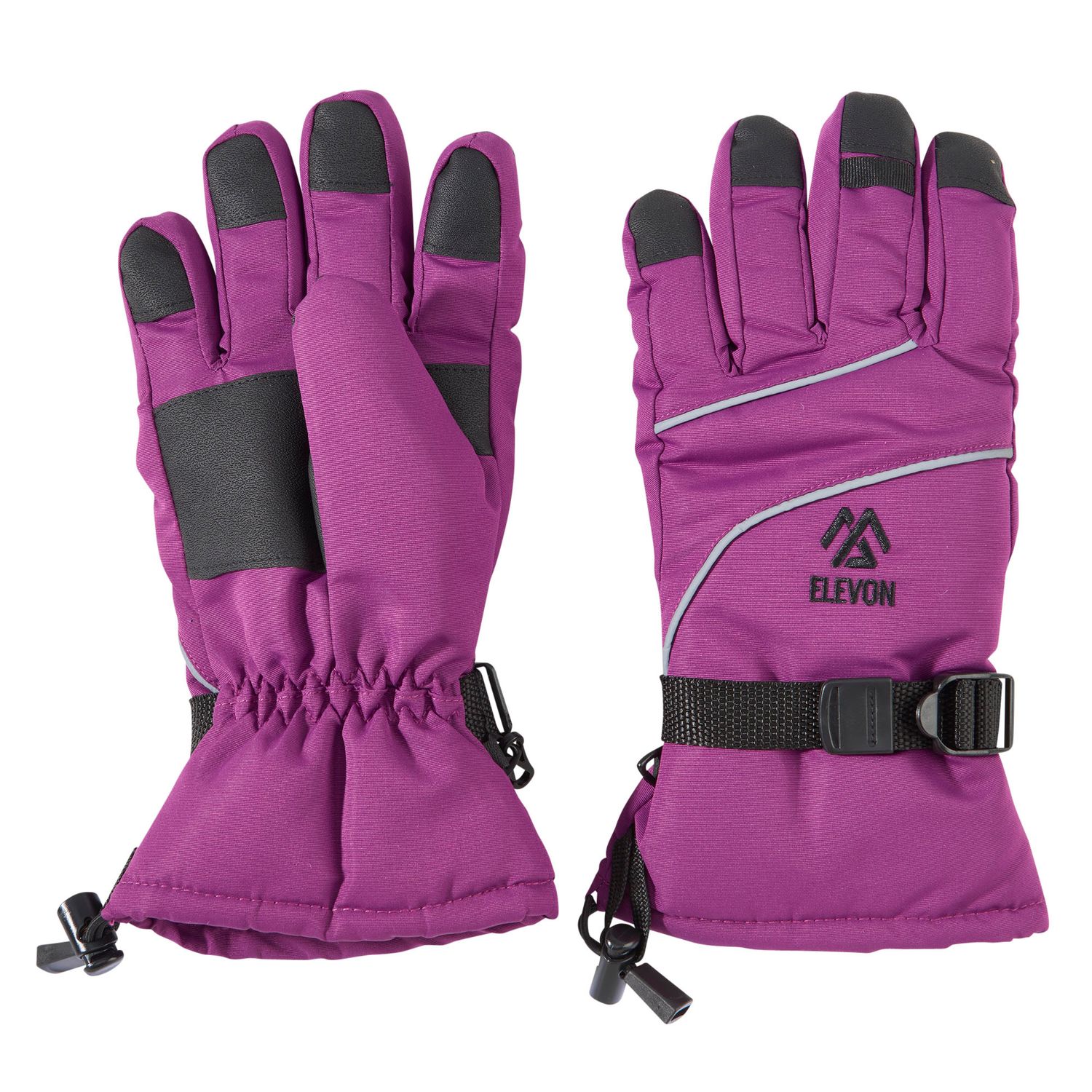 Purple Elevon ski gloves with touchscreen fingertips, reflective accents, and adjustable wrist strap.