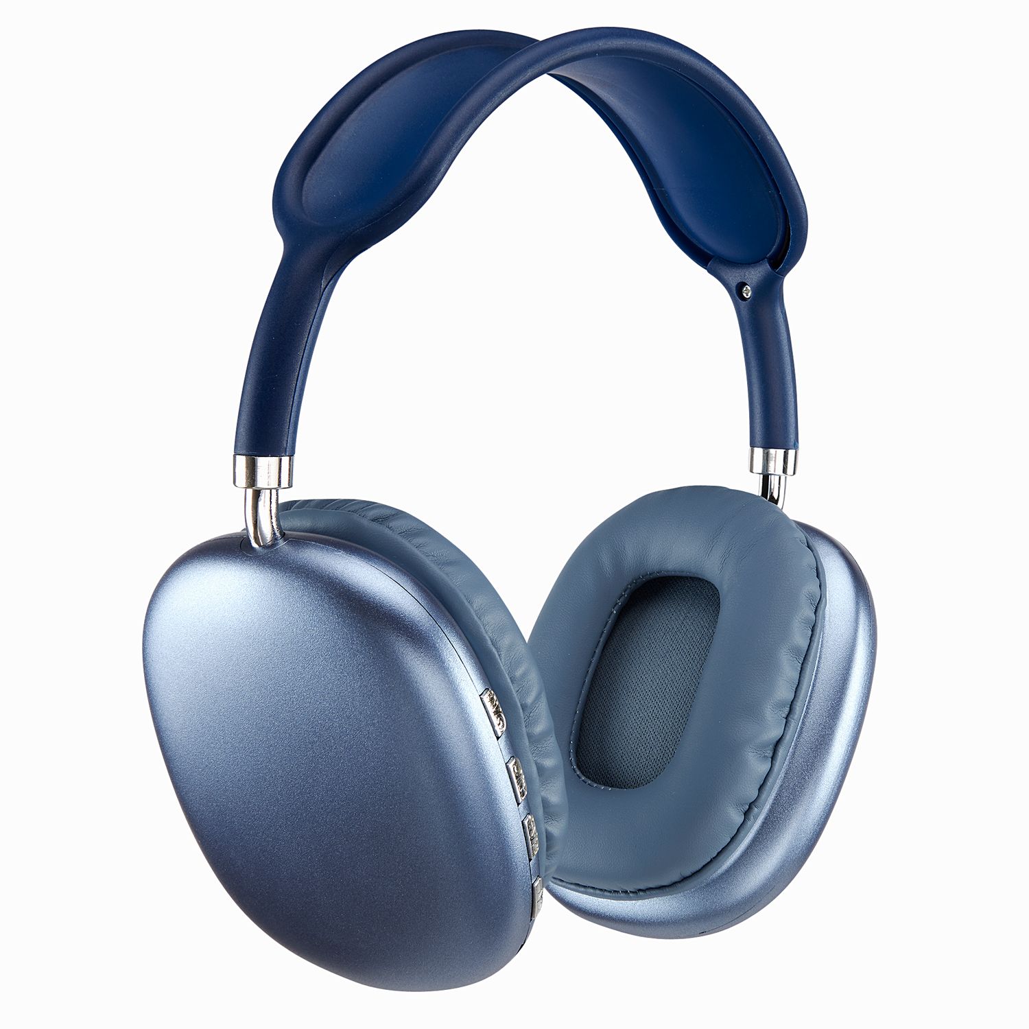 Blue over-ear wireless headphones with cushioned ear cups and adjustable headband on white background.