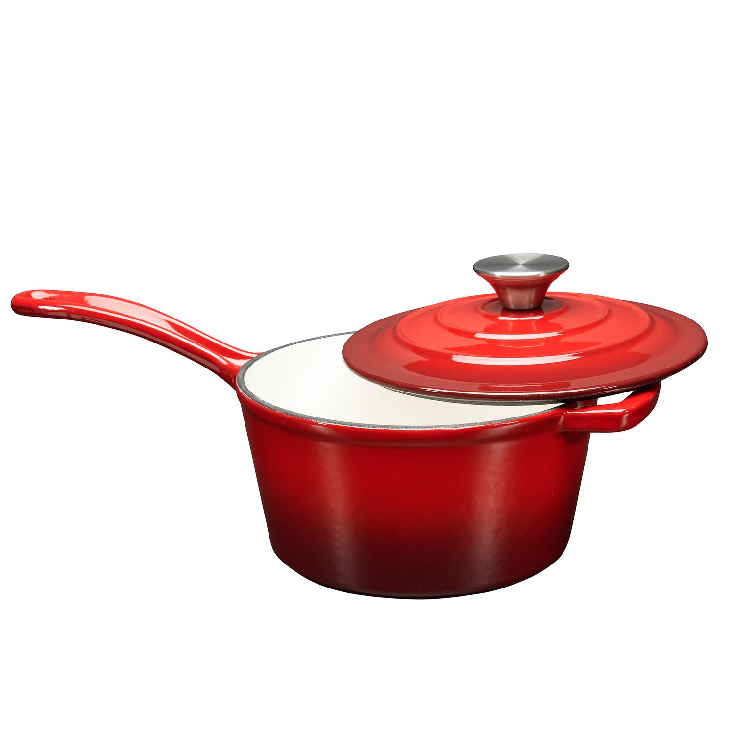 Red enameled cast iron saucepan with lid and long handle, featuring white interior and silver knob.