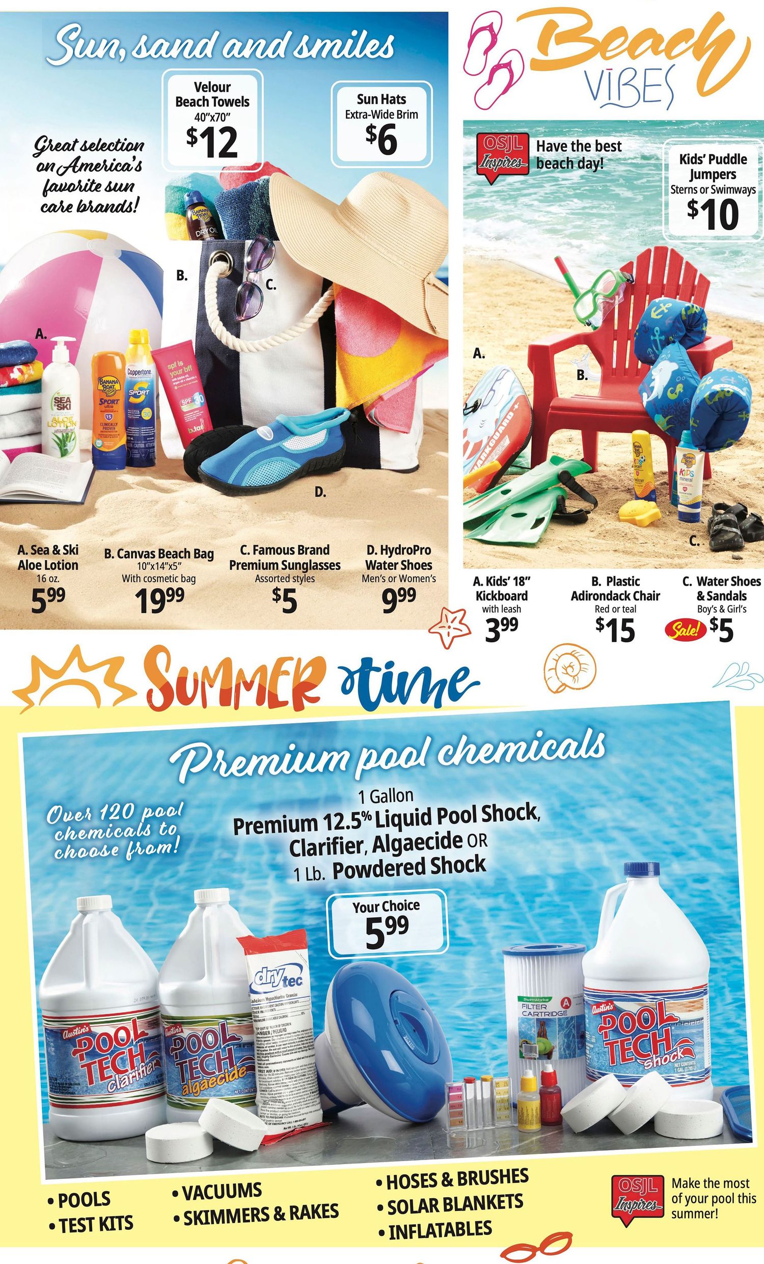 Beach vibes summer sale ad featuring pool chemicals, beach accessories, and outdoor furniture with prices starting at $5.99.