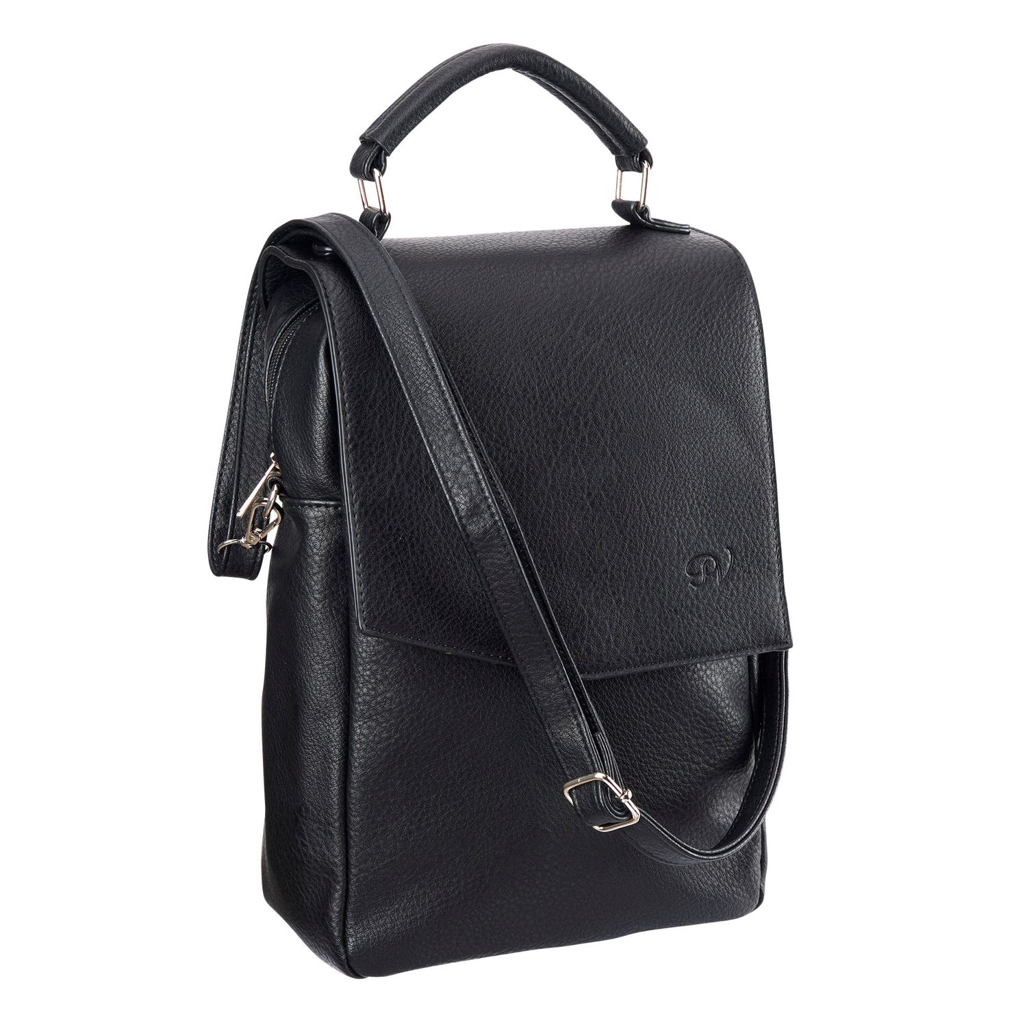 Black leather convertible backpack with top handle, silver hardware, magnetic flap closure, and adjustable crossbody strap.