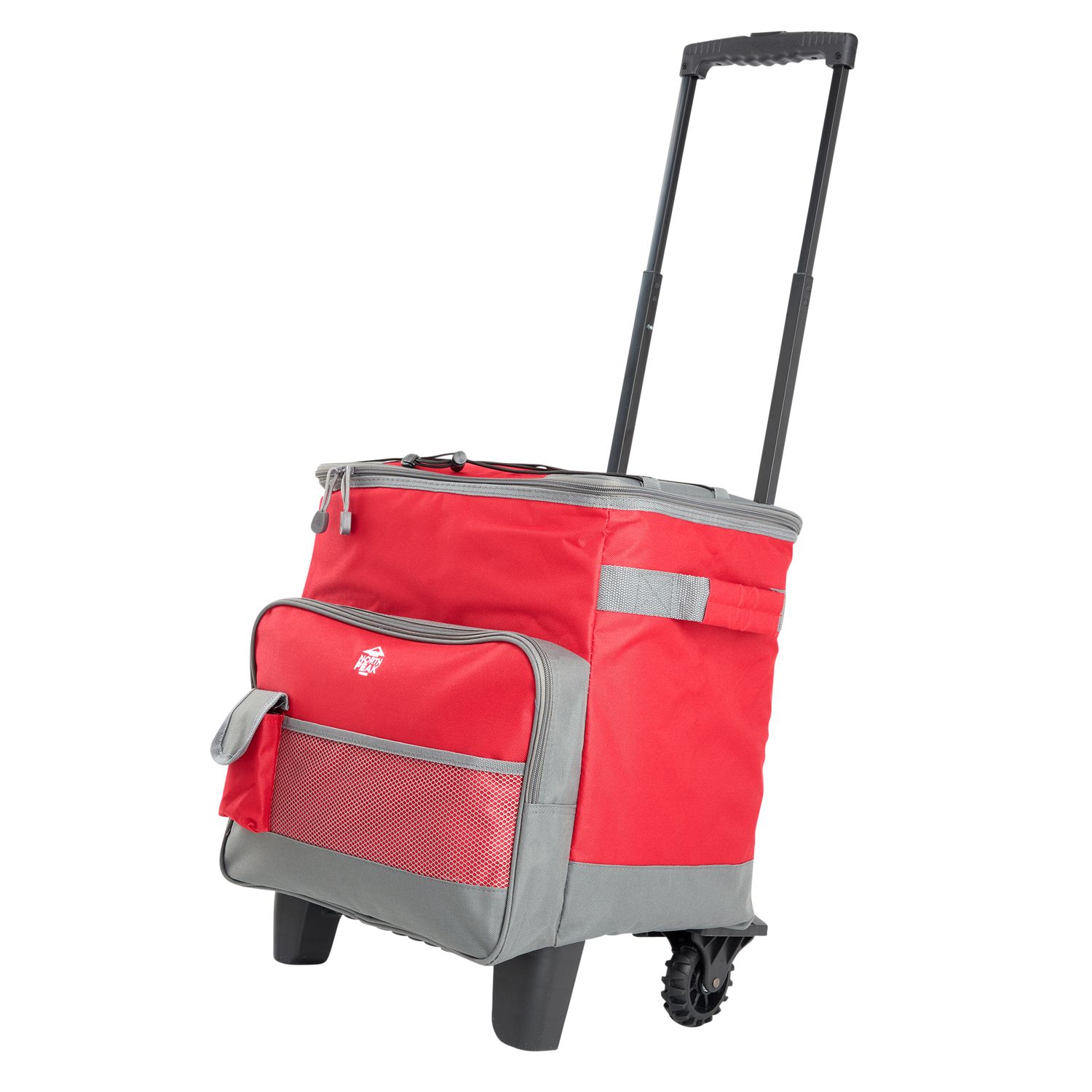 Red and gray rolling cooler bag with telescoping handle and large wheels for easy transport.