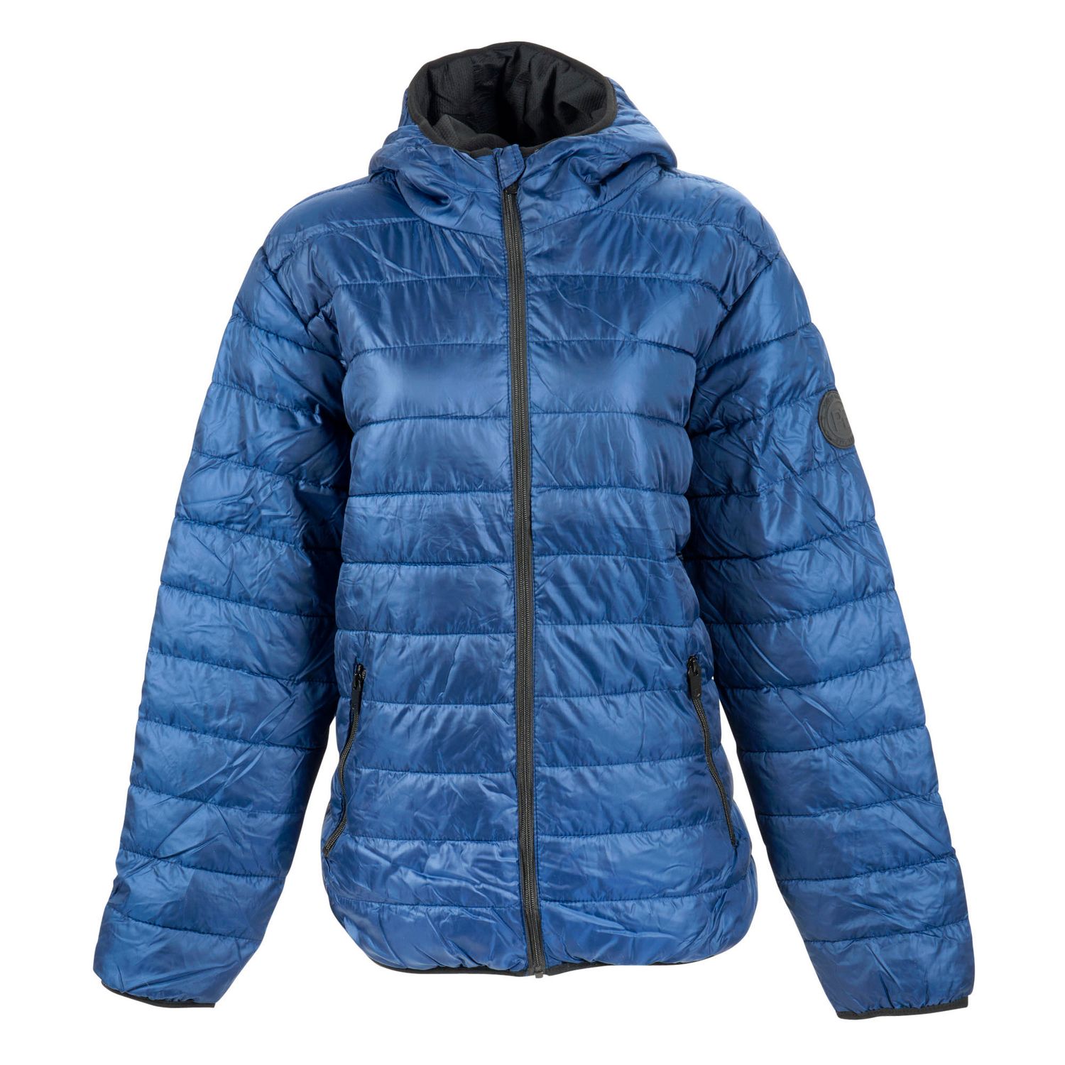 Blue quilted hooded puffer jacket with zip closure and side pockets, lightweight insulated design.