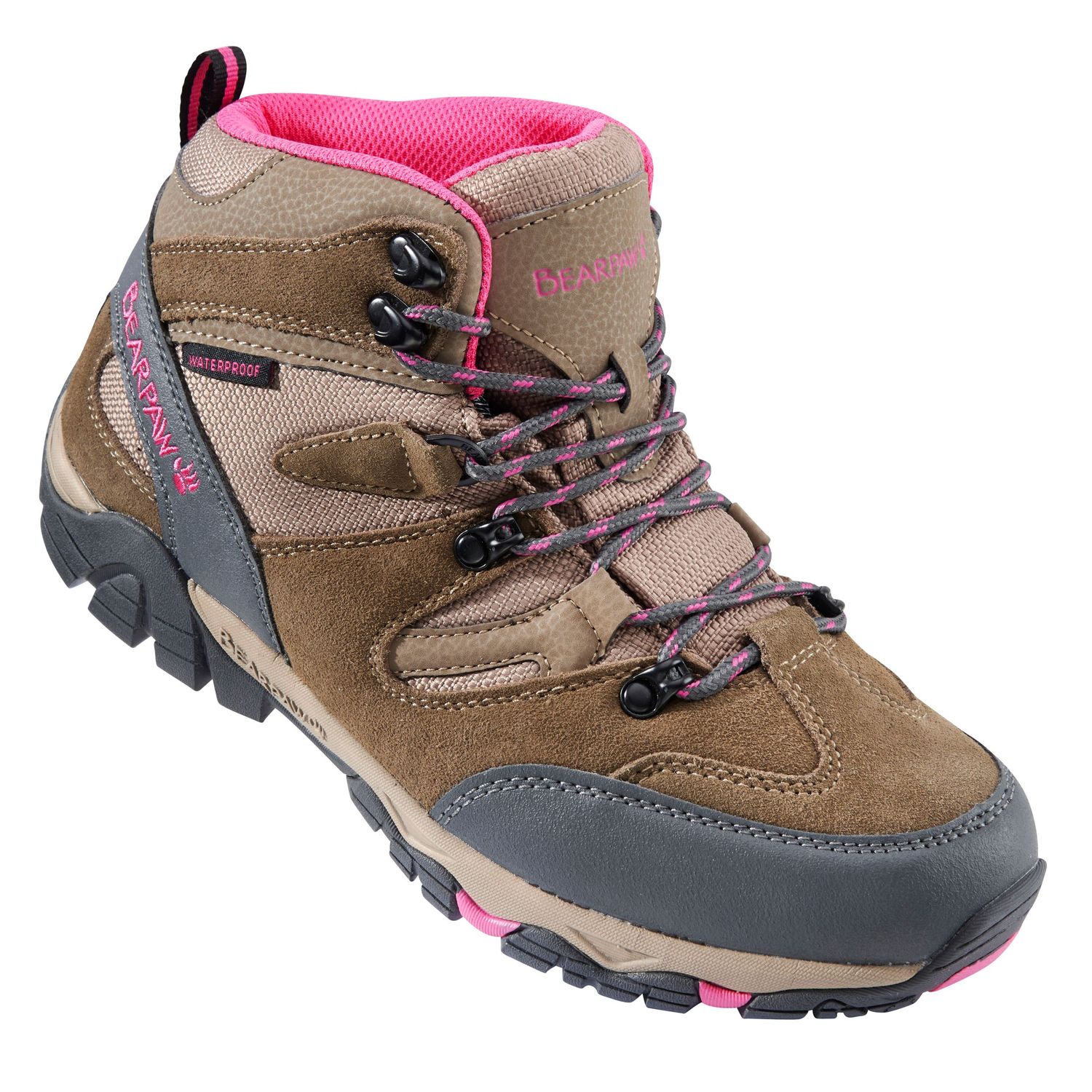 Brown and pink women's mid-cut waterproof hiking boots with suede upper, pink laces, and rugged outdoor sole.
