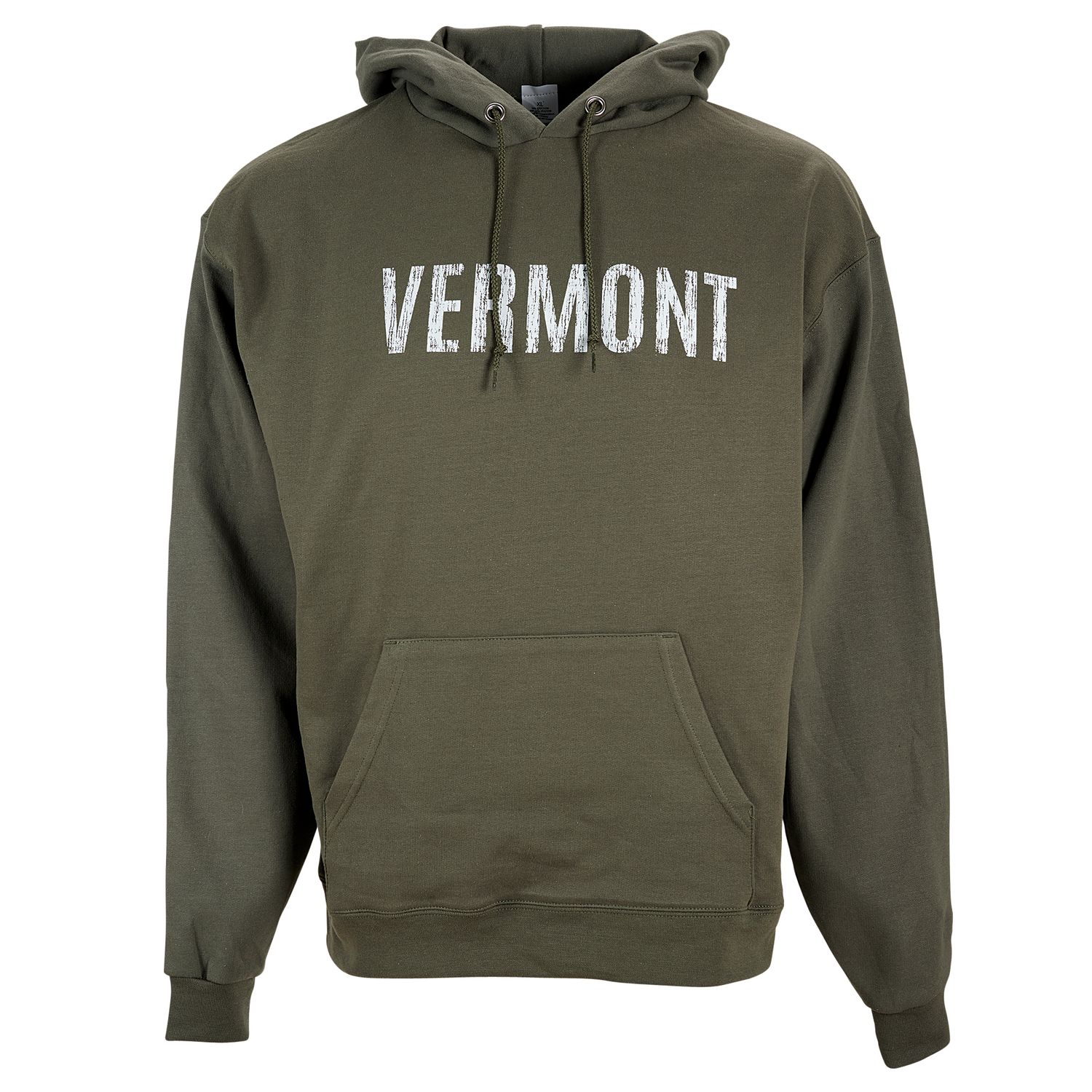 Olive green Vermont hoodie sweatshirt with white distressed text graphic and front kangaroo pocket.