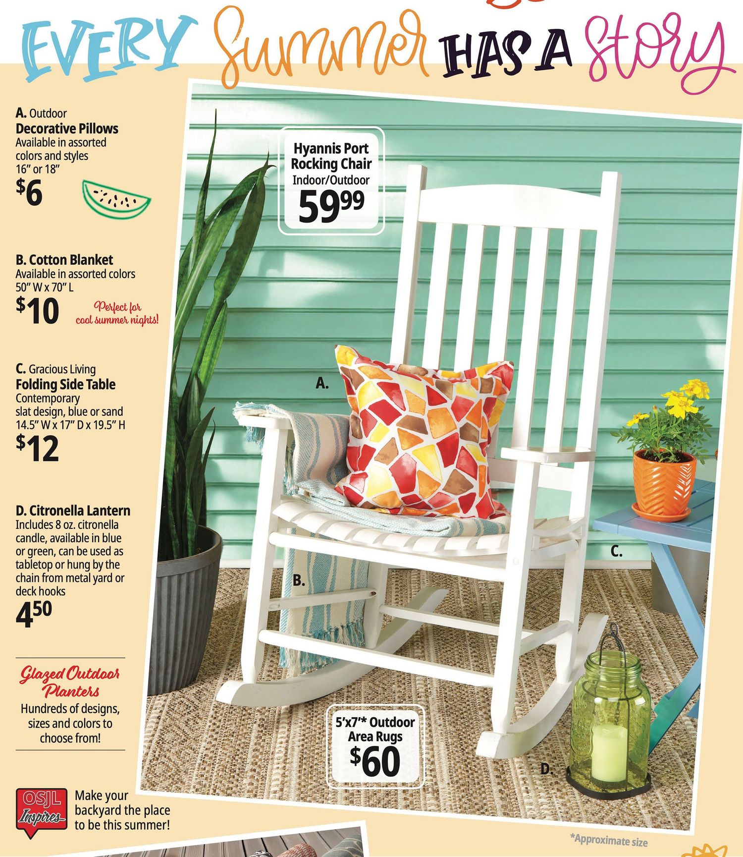 White outdoor rocking chair with colorful pillows on a woven rug, surrounded by summer patio decor and accessories on sale.
