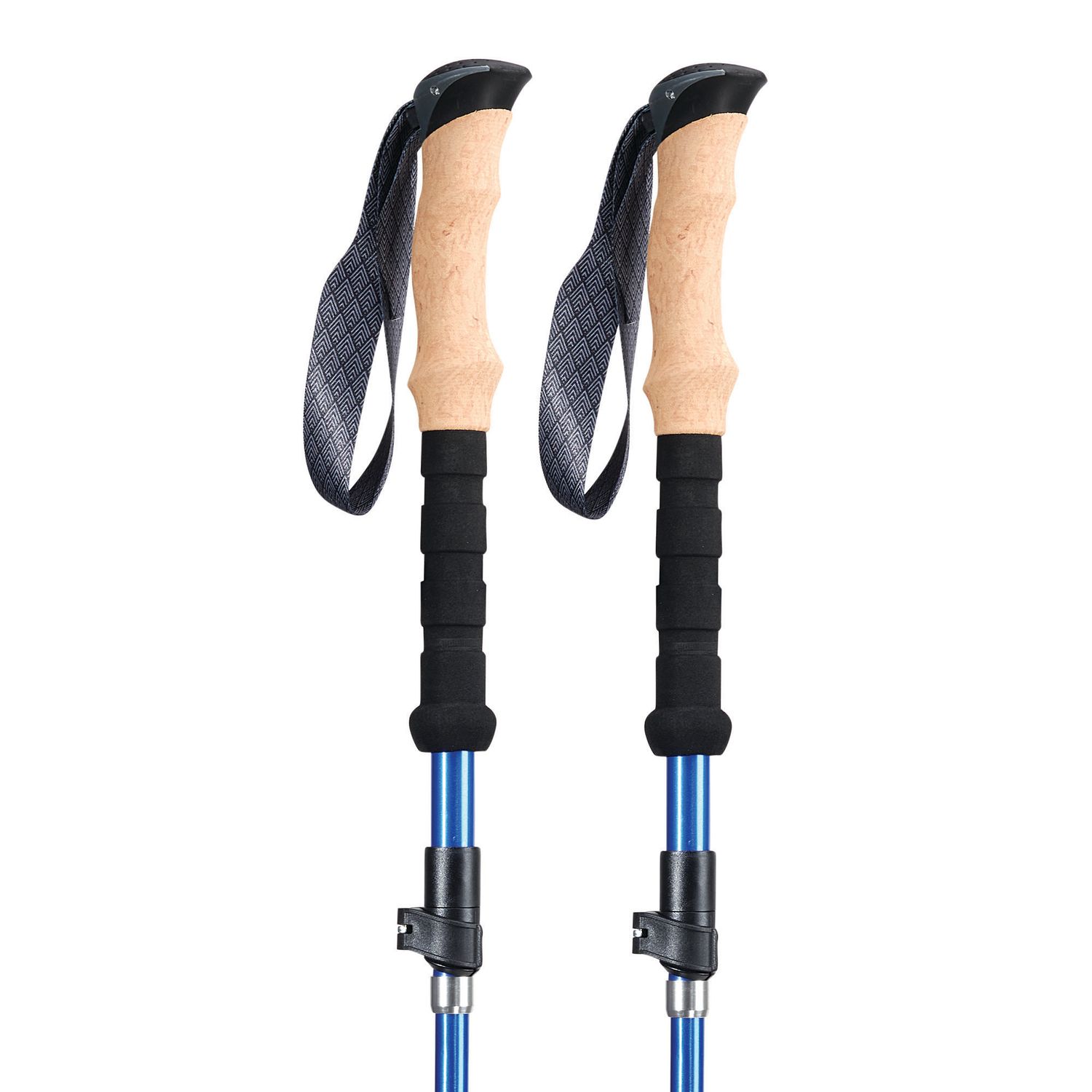 Blue adjustable trekking poles with cork handles and black wrist straps for hiking and trail walking.