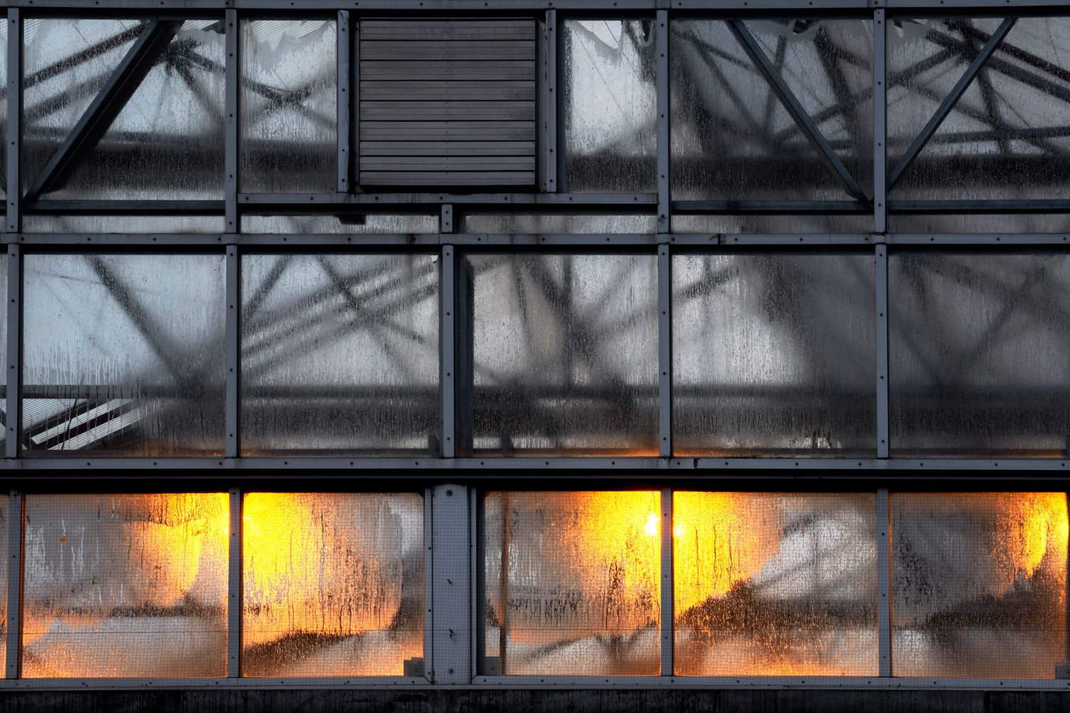 Industrial greenhouse windows with metal framework casting dramatic shadows.