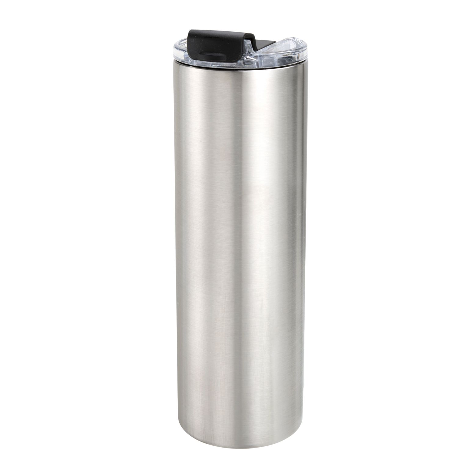 Sleek stainless steel tumbler with a black flip-top lid, tall cylindrical design, perfect for hot and cold beverages.