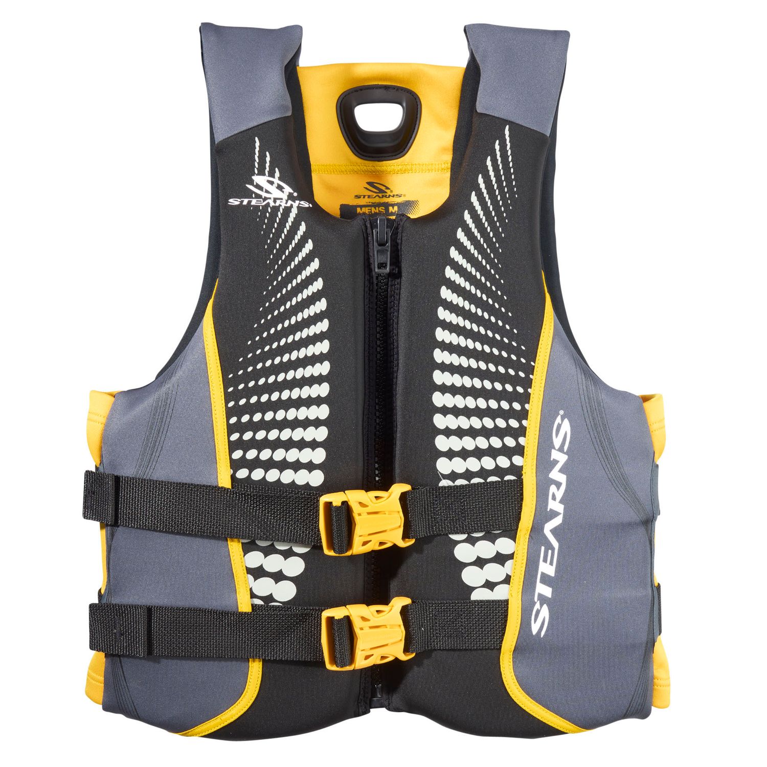 Stearns yellow and gray neoprene life vest with dual buckle straps and front zipper closure.