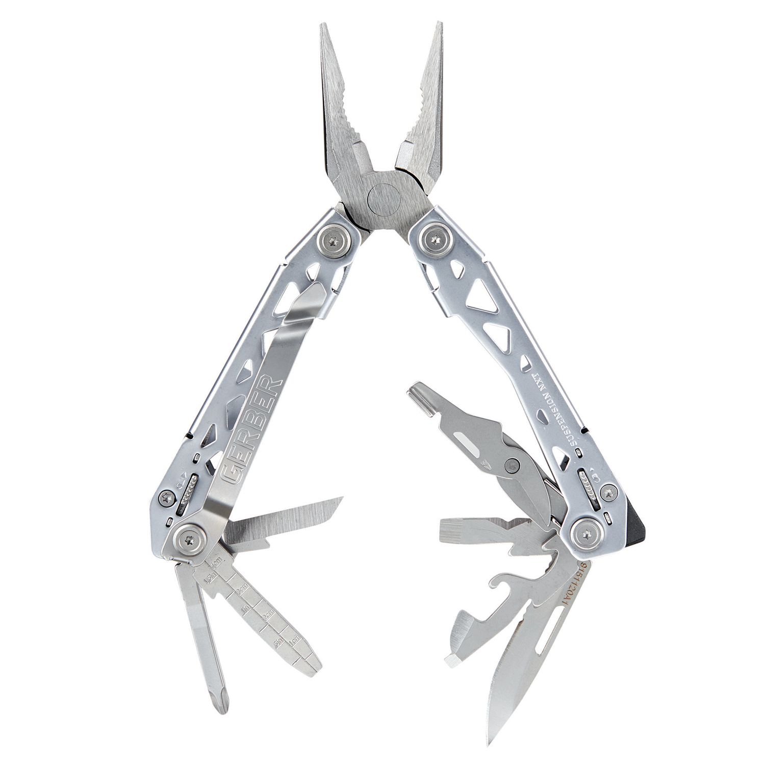 Silver stainless steel multi-tool pliers with multiple folded tools including knife, file, and screwdriver.