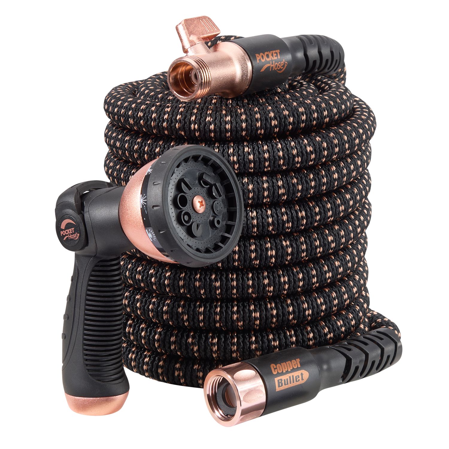Black and copper expandable garden hose with 8-pattern spray nozzle and brass fittings, coiled neatly for display.