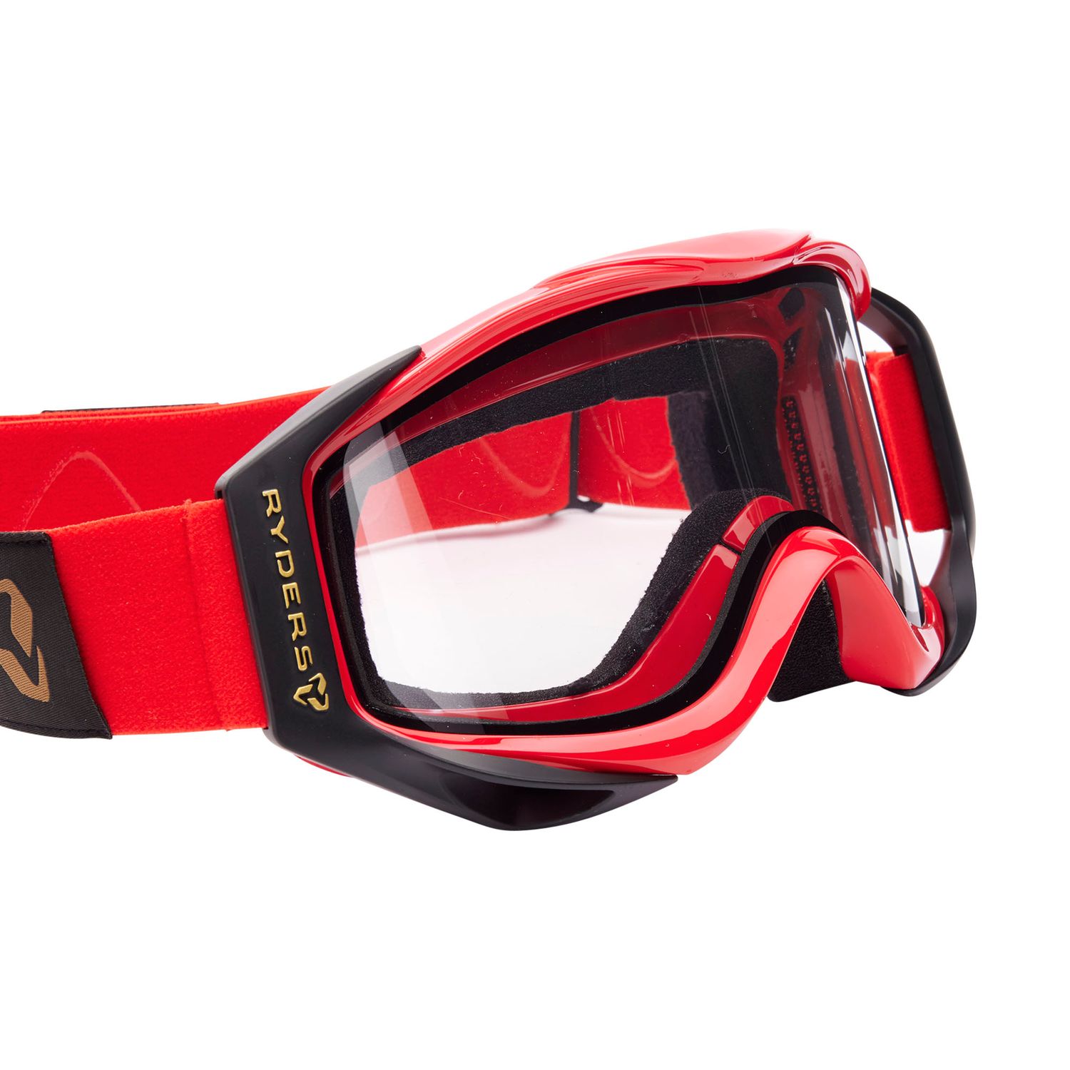 Red and black Ryderci motocross goggles with clear lens, featuring a bold design and adjustable strap.