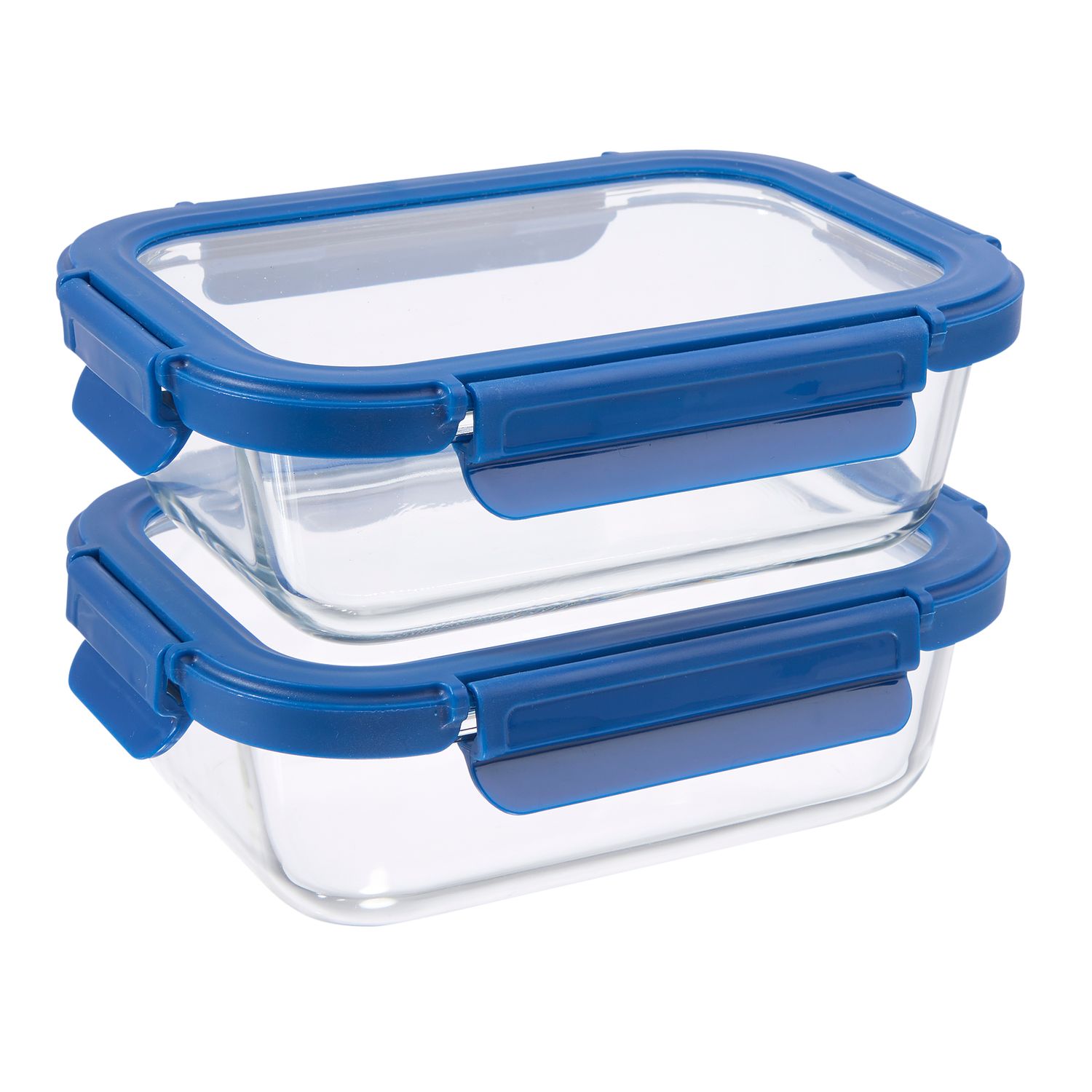 Two stackable rectangular glass food storage containers with blue locking lids, ideal for meal prep and leftovers.
