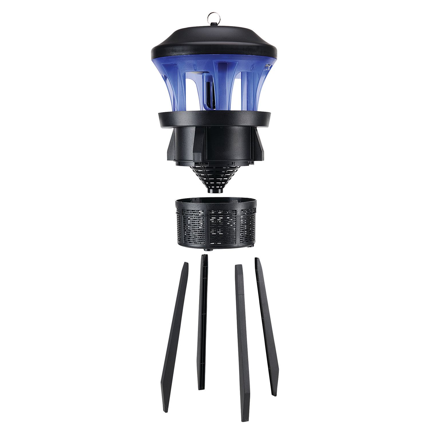 Blue UV bug zapper light trap on black stake stand with removable collection tray for outdoor mosquito control.
