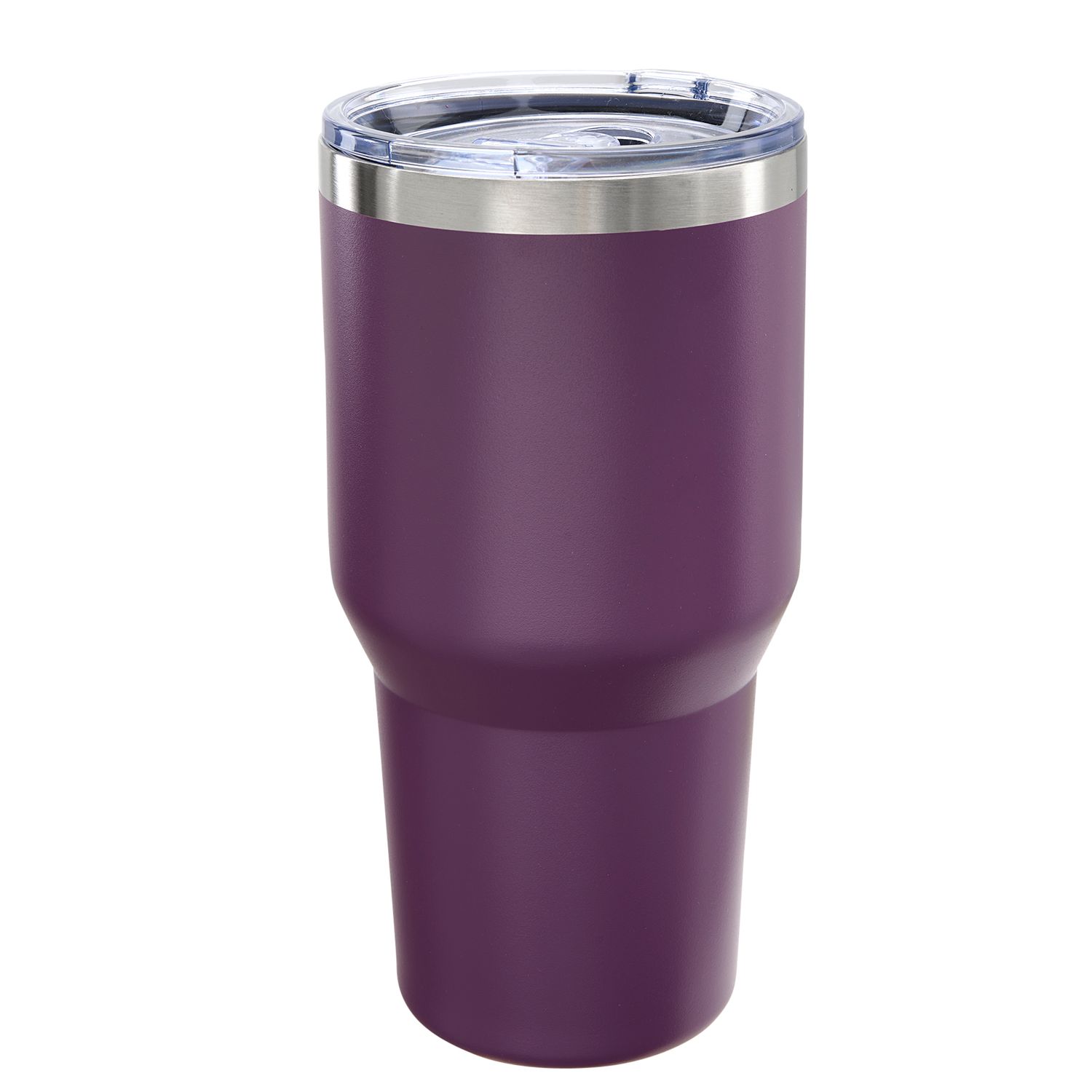 Purple stainless steel insulated tumbler with clear sliding lid and silver rim, ideal for hot and cold beverages.