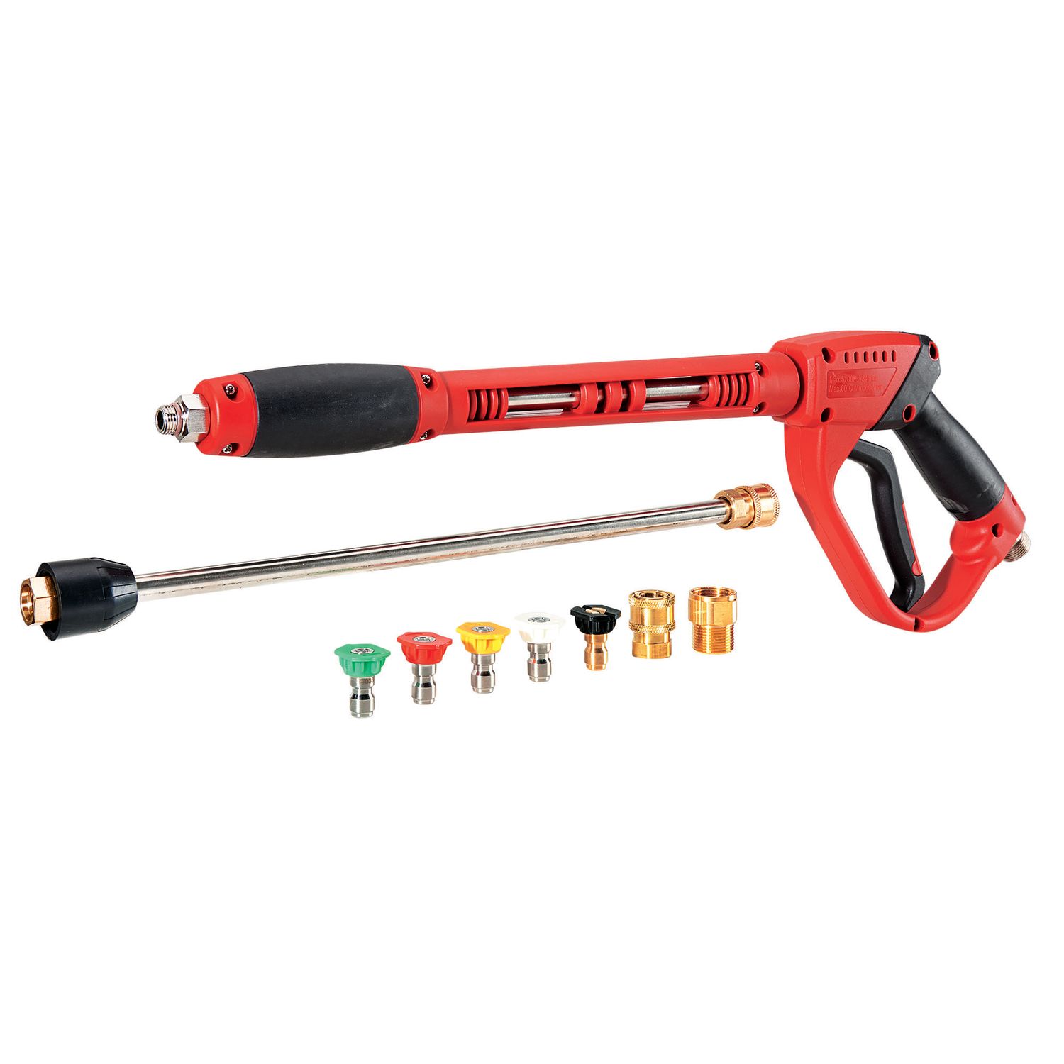 Red pressure washer gun with extension wand, trigger grip, and 5 color-coded nozzle tips and brass fittings included.
