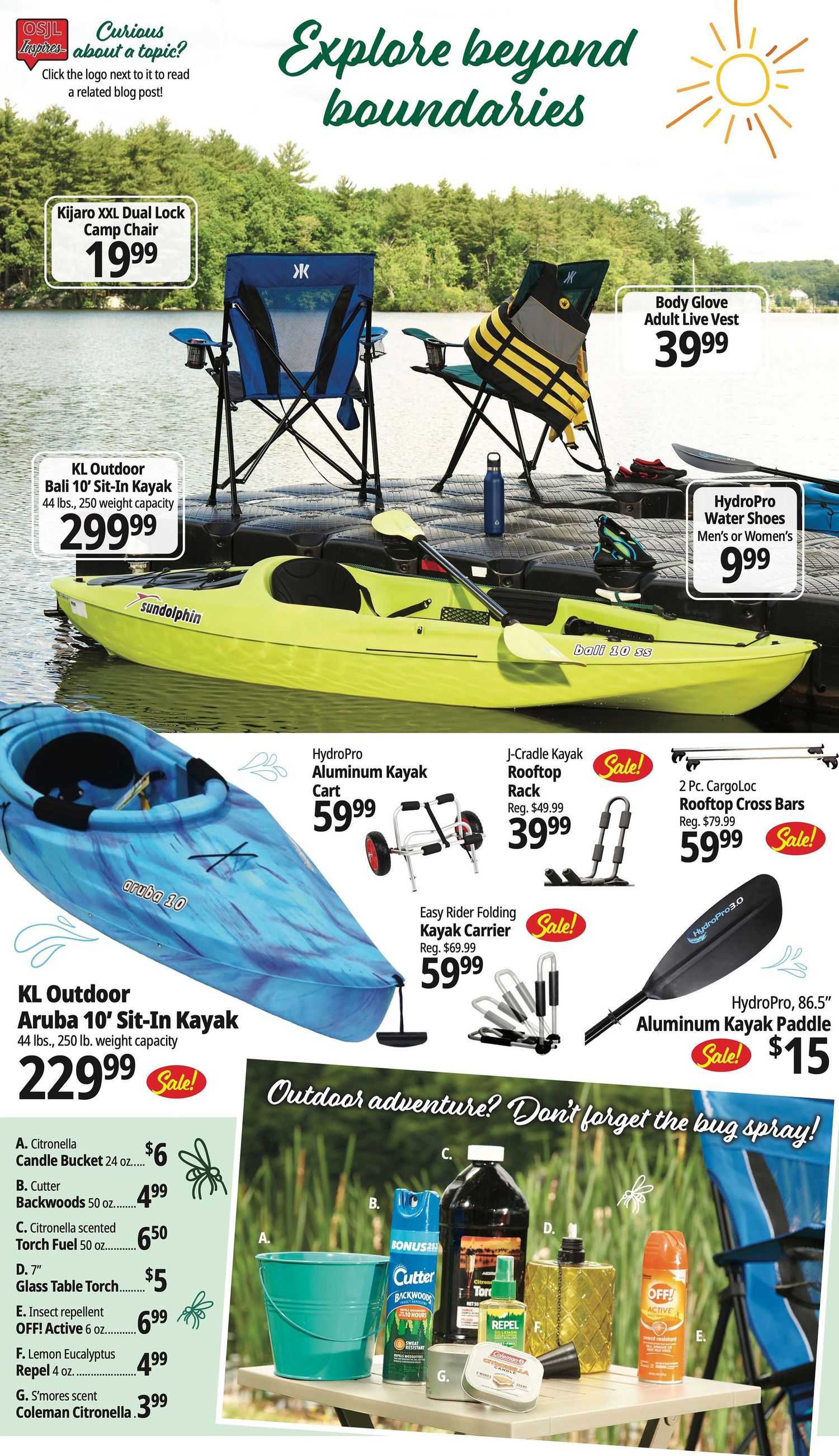 Ocean State Job Lot outdoor adventure sale featuring kayaks, camp chairs, life vests, and bug spray products.