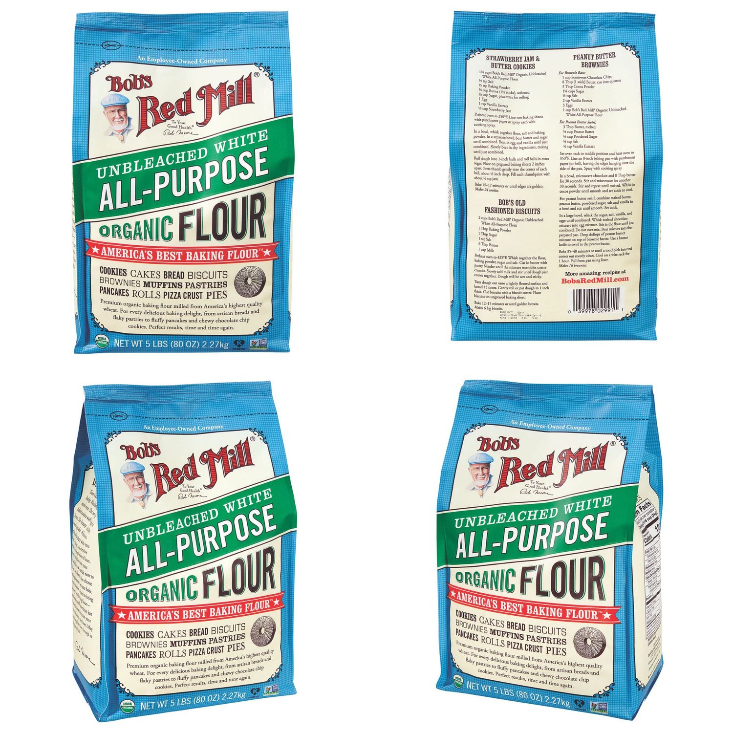 Bob's Red Mill Unbleached White All-Purpose Organic Flour bag shown from multiple angles, front and back views.