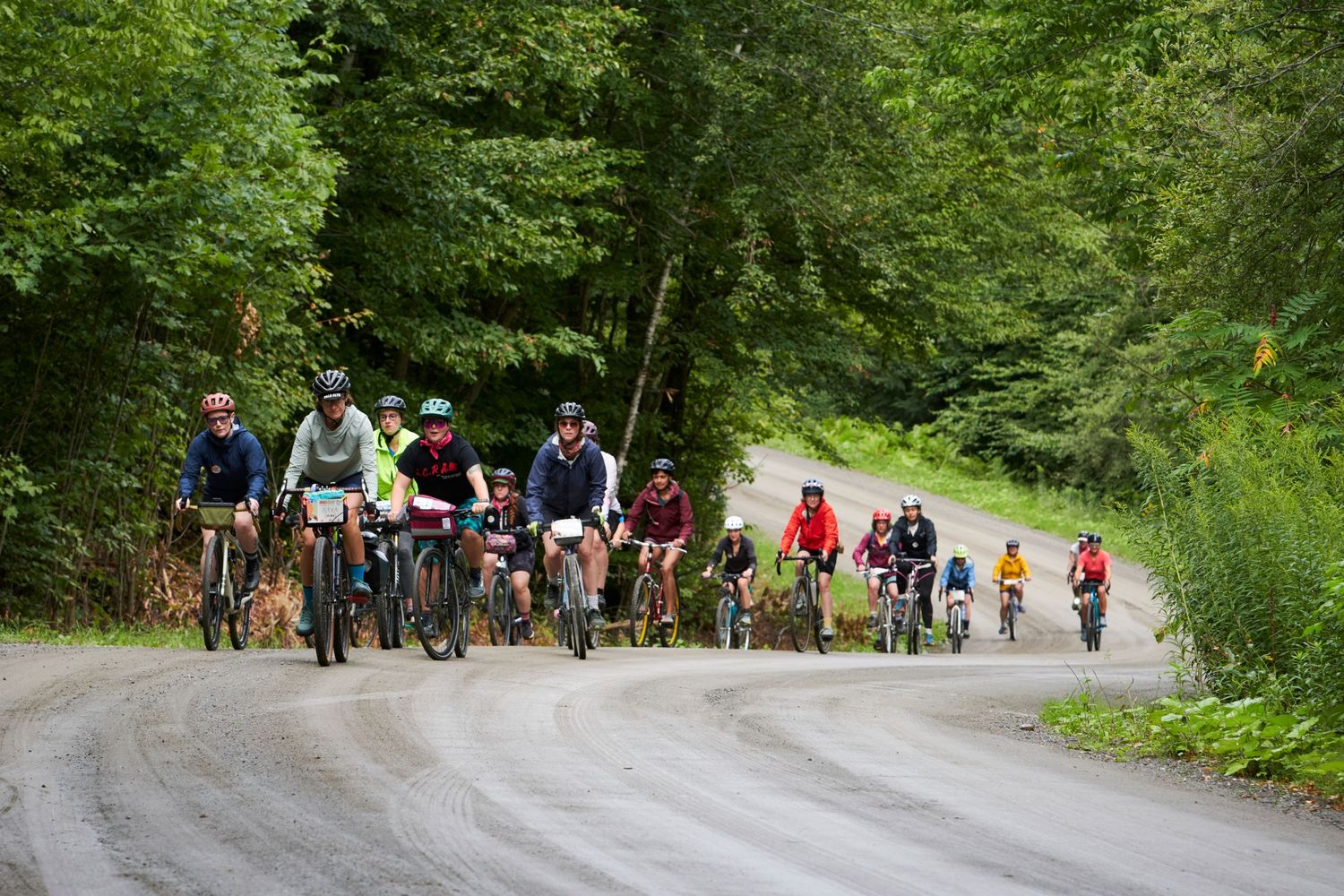 Group of cyclists riding mountain bikes on a winding gravel road surrounded by lush green forest trees.