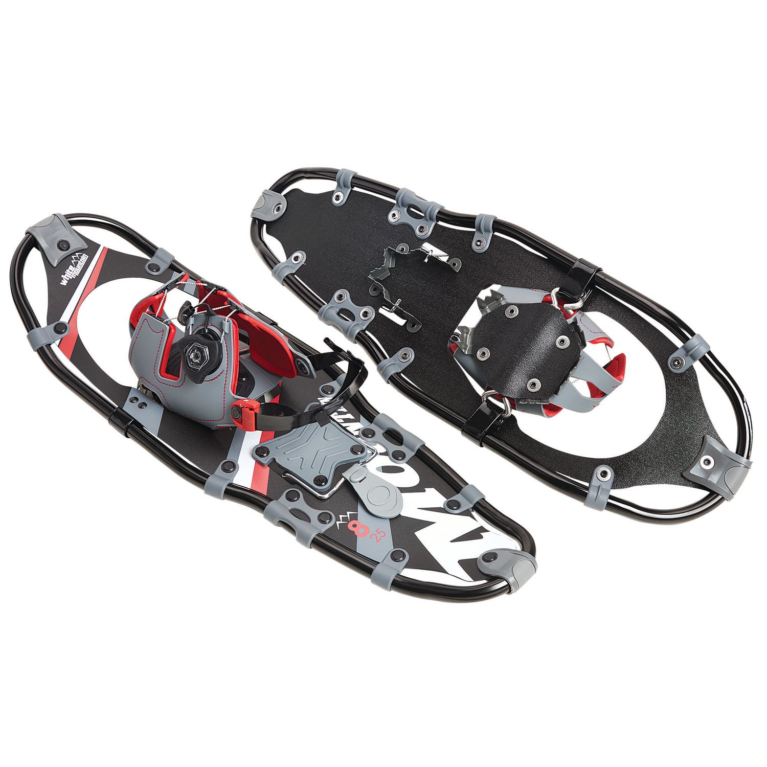 MSR Revo Explore snowshoes in black and gray with red accents, featuring crampons and binding system.