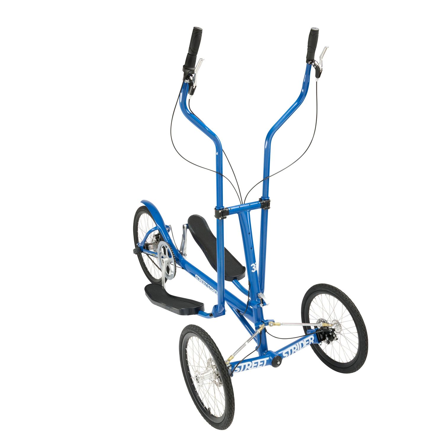 Blue three-wheeled elliptical street strider exercise bike with handlebars and pedals for outdoor fitness training.
