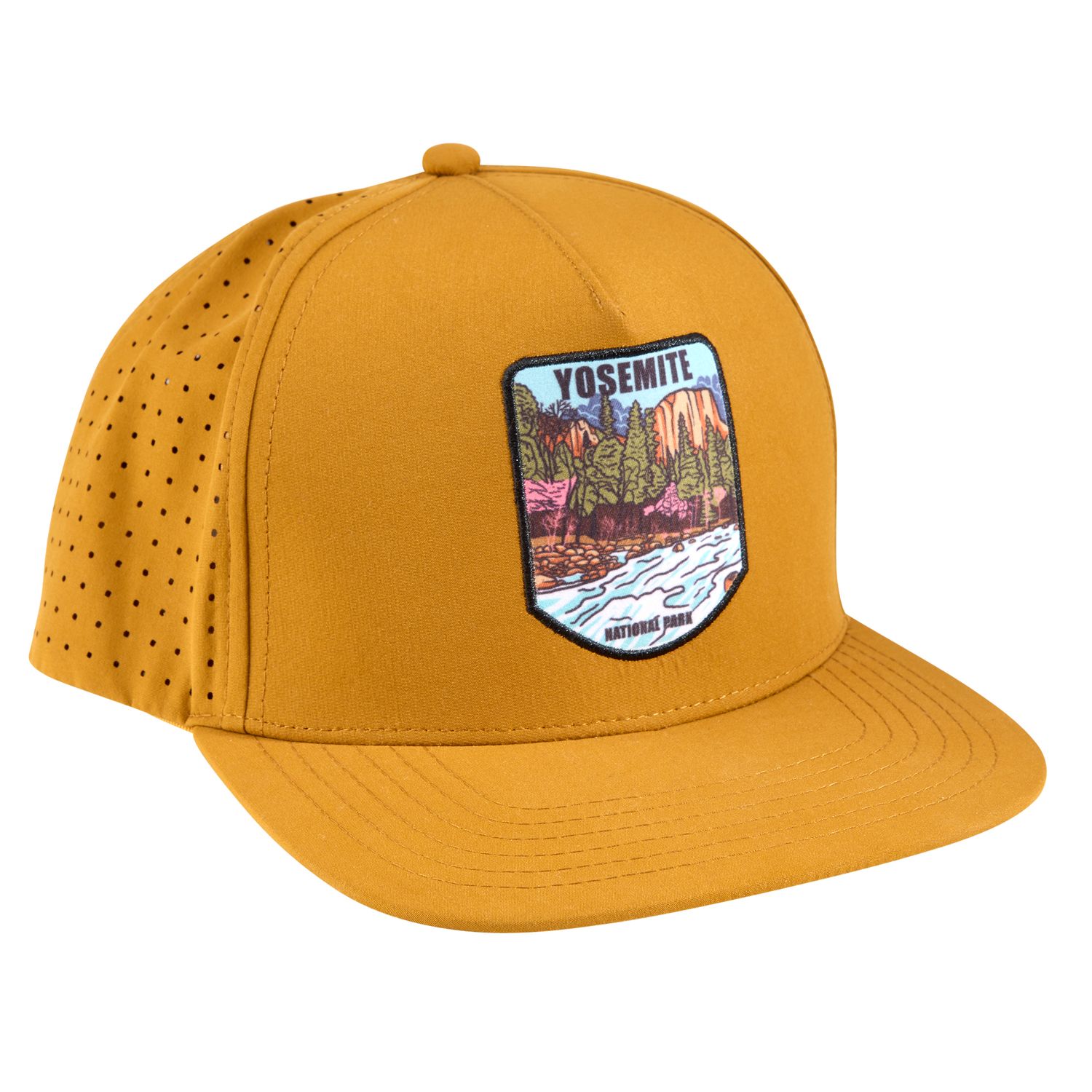 Golden yellow Yosemite National Park snapback hat with embroidered scenic patch featuring El Capitan and river landscape.