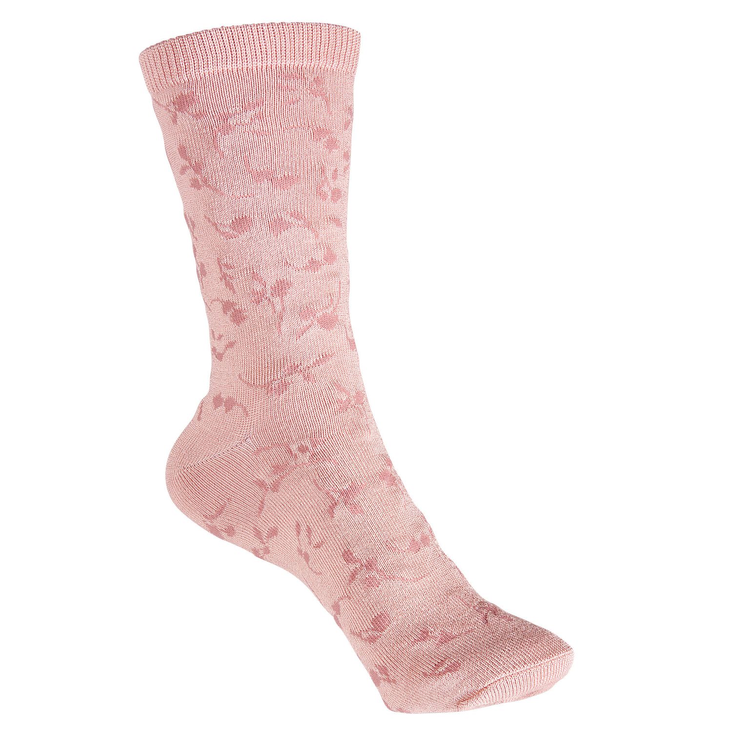 Pink floral patterned crew socks with a delicate tone-on-tone flower design, perfect for everyday wear.