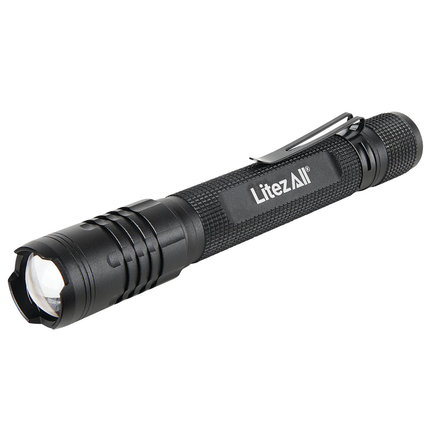 LitezAll black tactical LED flashlight with adjustable zoom focus and pocket clip on white background.