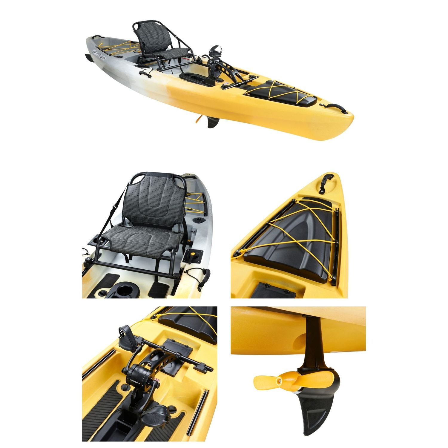 Yellow and white fishing kayak with pedal drive system, padded seat, bow storage bungee, and fin propulsion shown in multiple views.
