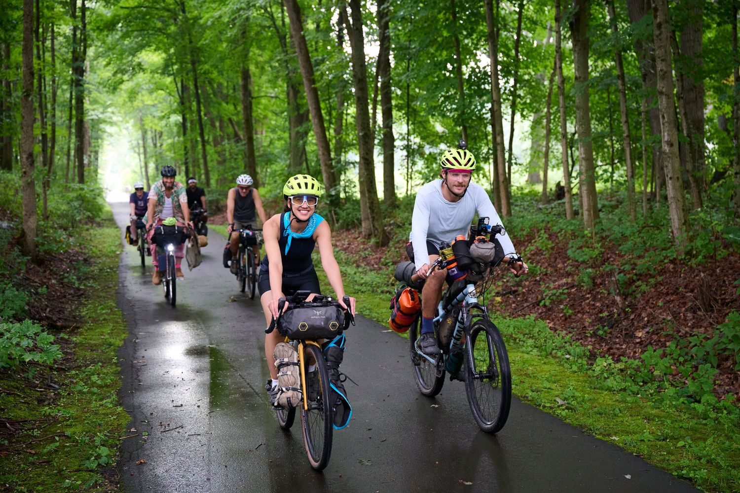Cyclists riding through a lush green wooded path on a summer day.