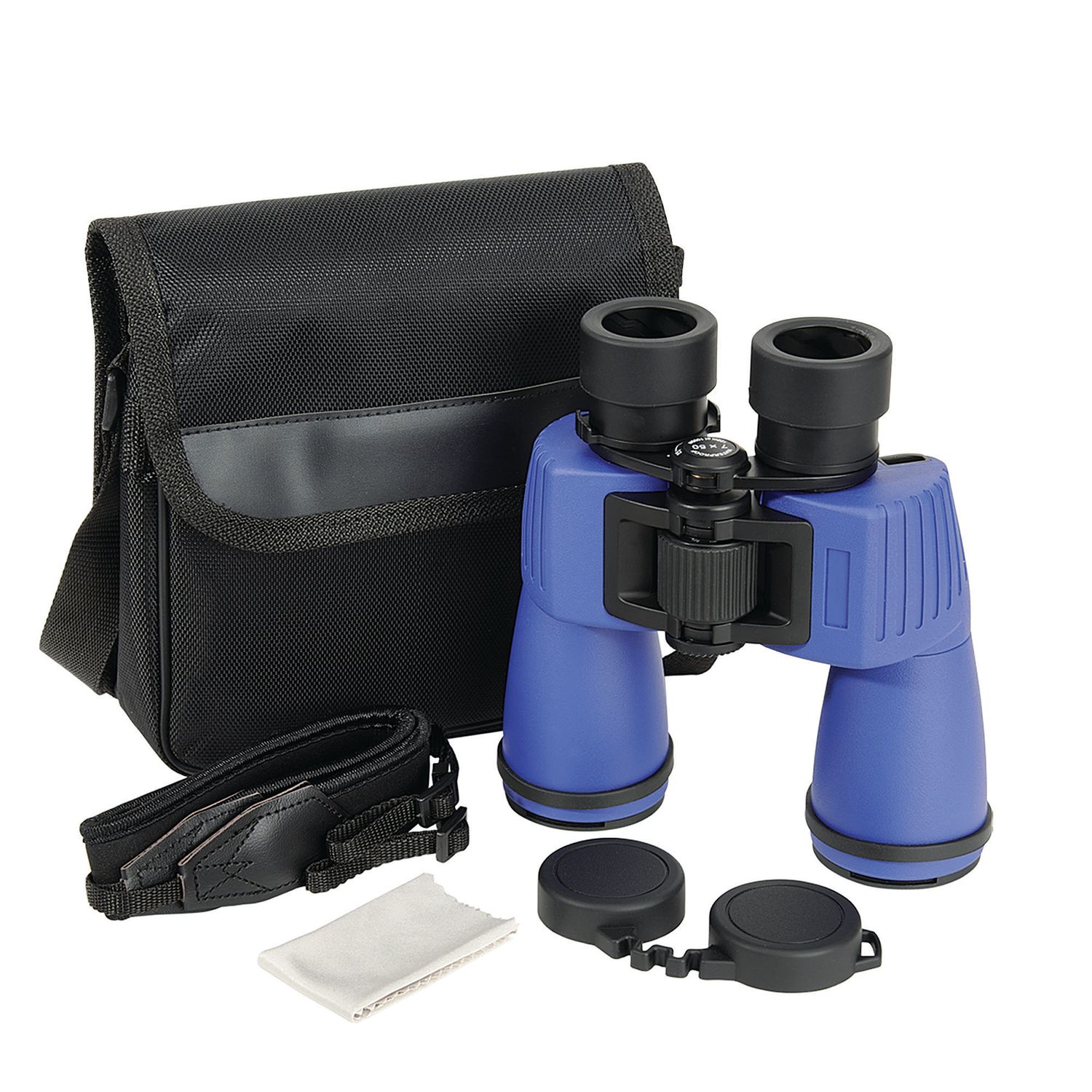 Blue 7x50 binoculars with carrying case, lens caps, strap, and cleaning cloth included in complete set.