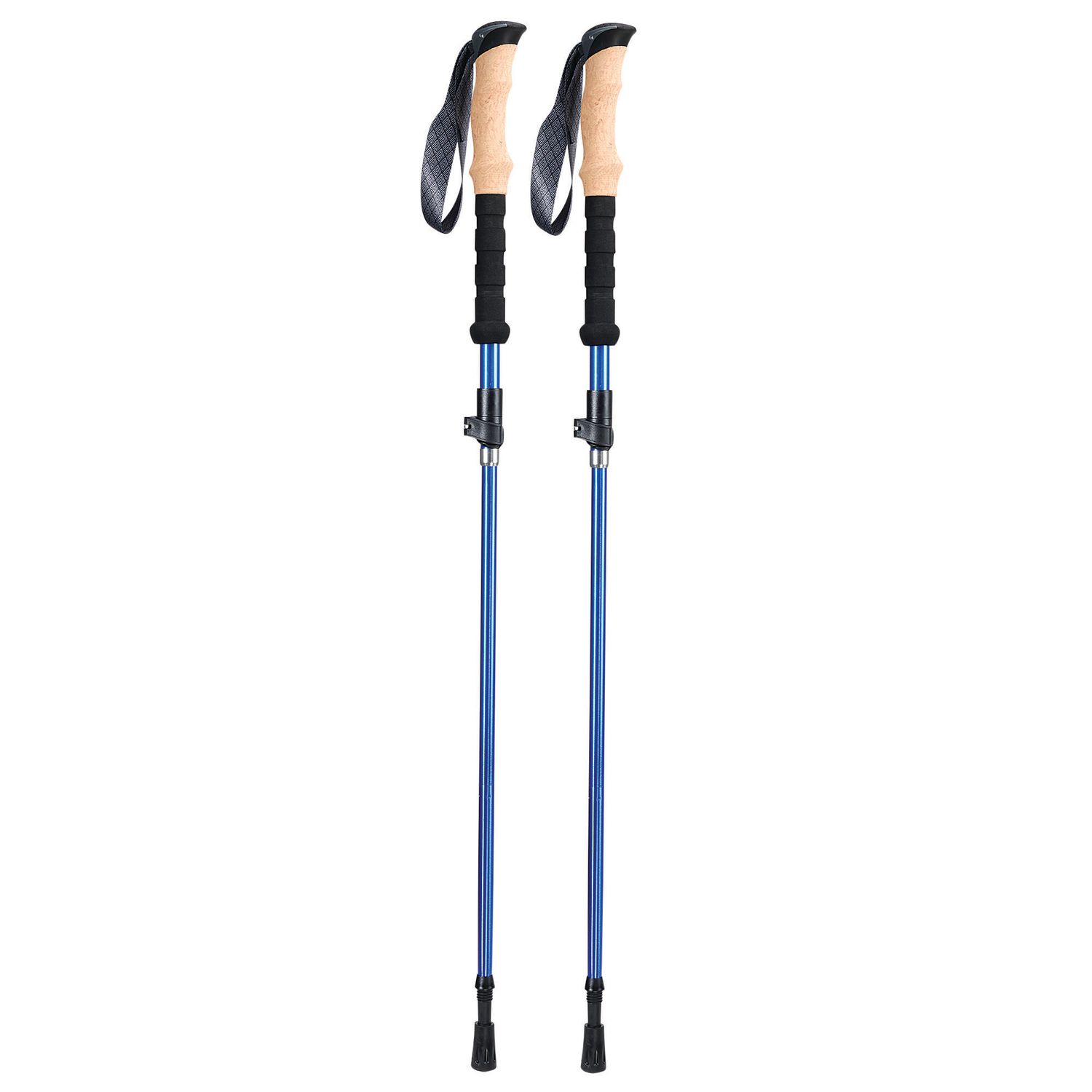 A pair of blue adjustable trekking poles with cork handles and black grip straps on a white background.