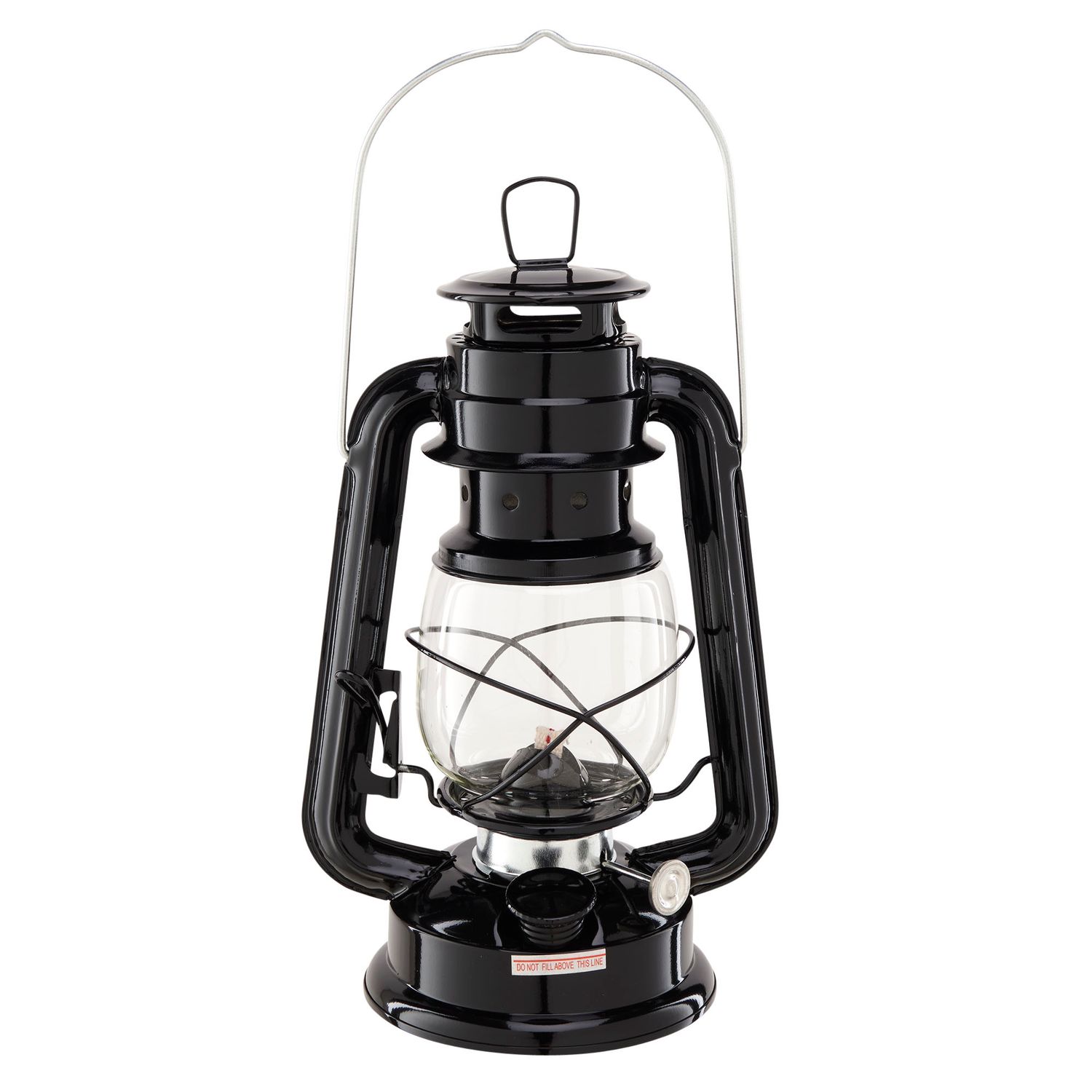 Black vintage-style kerosene hurricane lantern with glass globe and metal handle on white background.