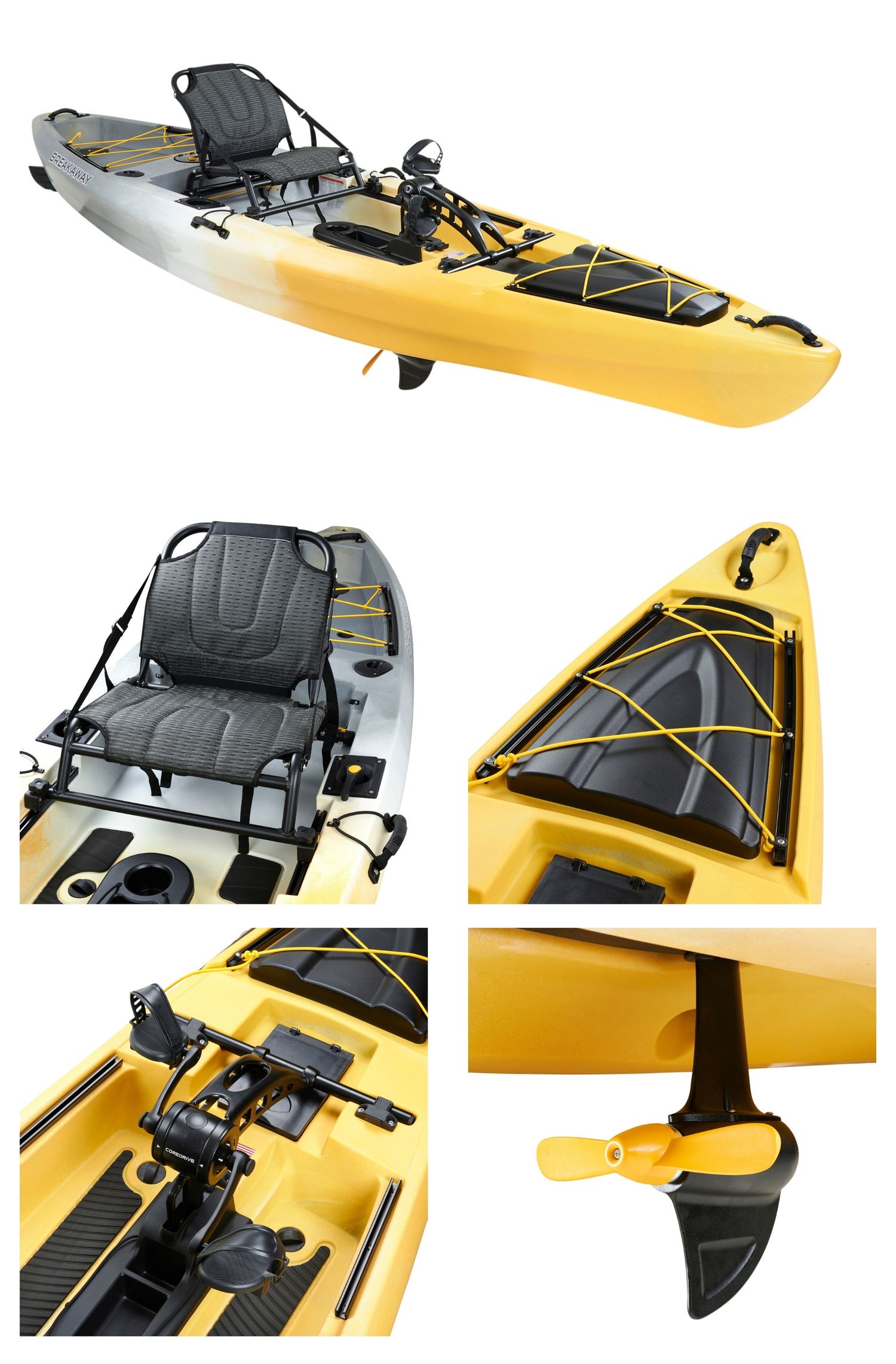 Yellow and white fishing kayak with pedal drive system, padded seat, bungee storage, and propeller shown in multiple detail views.
