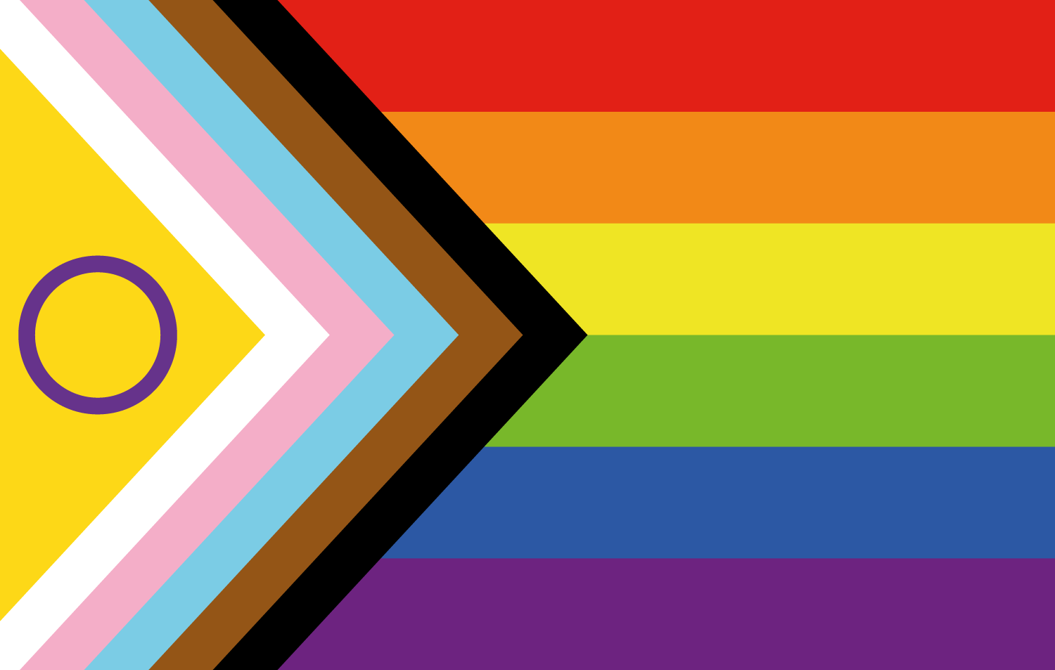 A series of Pride Progress flags featuring rainbow stripes with additional chevron designs in trans and brown colors.