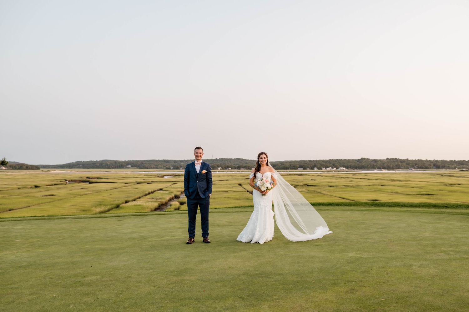 A series of panoramic wedding photos showing a couple on a scenic golf course against a sunset sky.