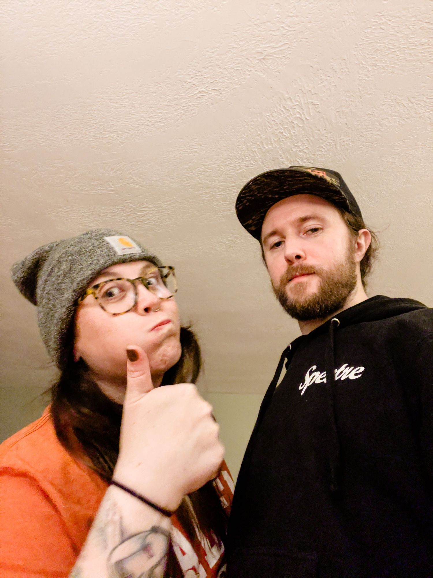 A sequence of photos shows two people in casual attire playfully interacting and making silly faces at the camera.