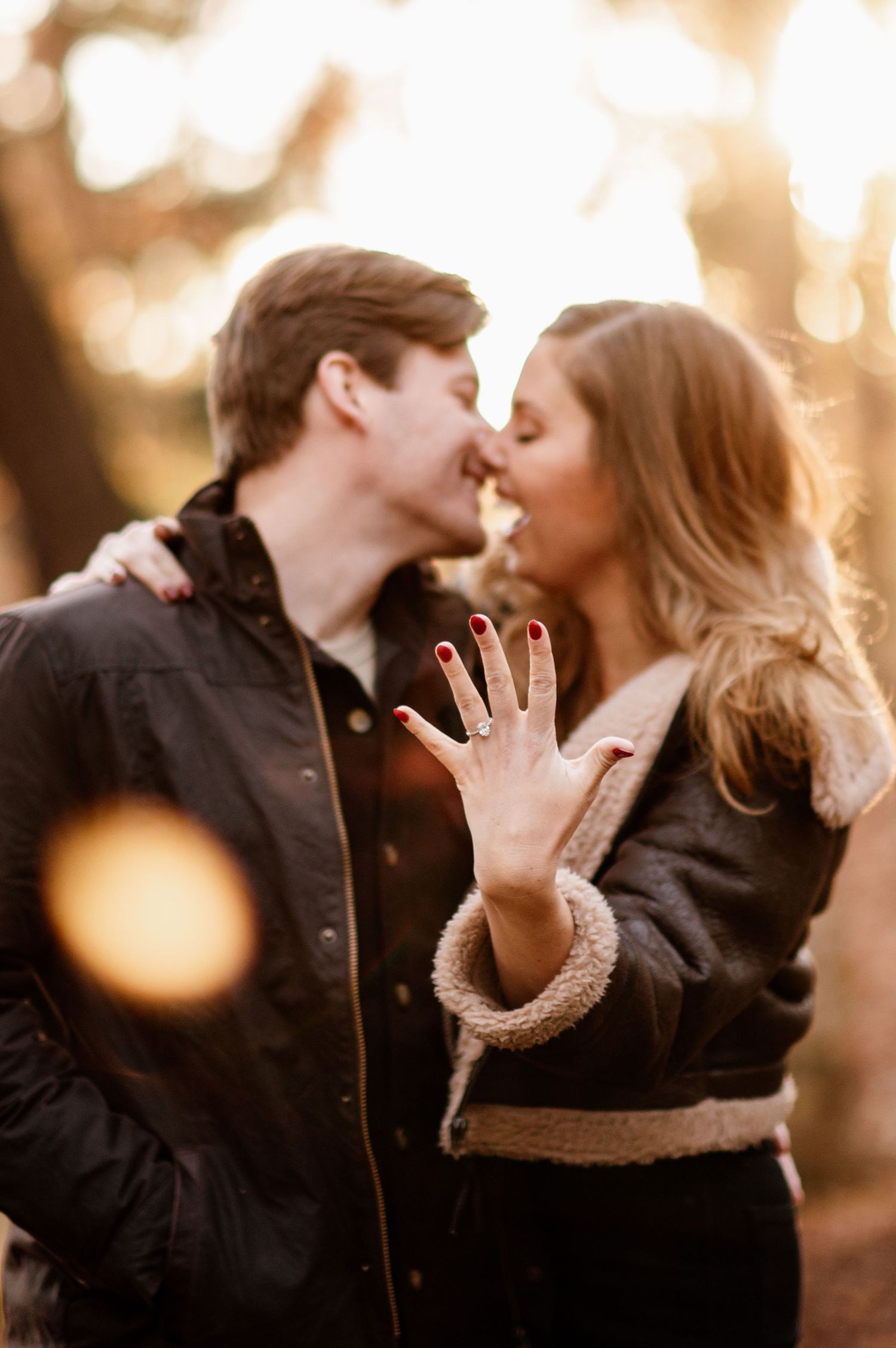 Romantic engagement photo sequence showing a couple kissing in golden sunset light with a sparkly ring display.
