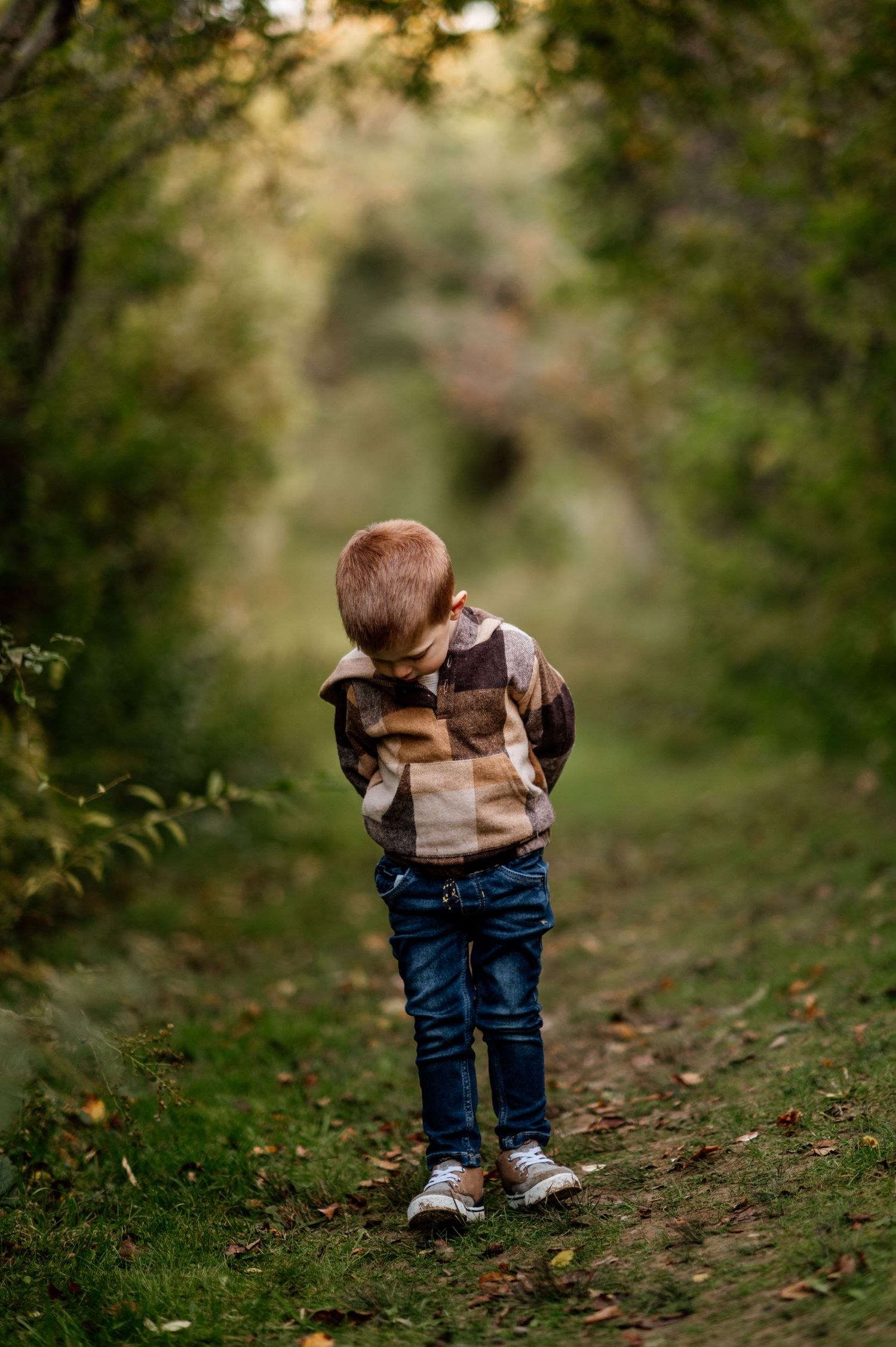 Small child in striped sweater and jeans walking away on autumn forest path.
