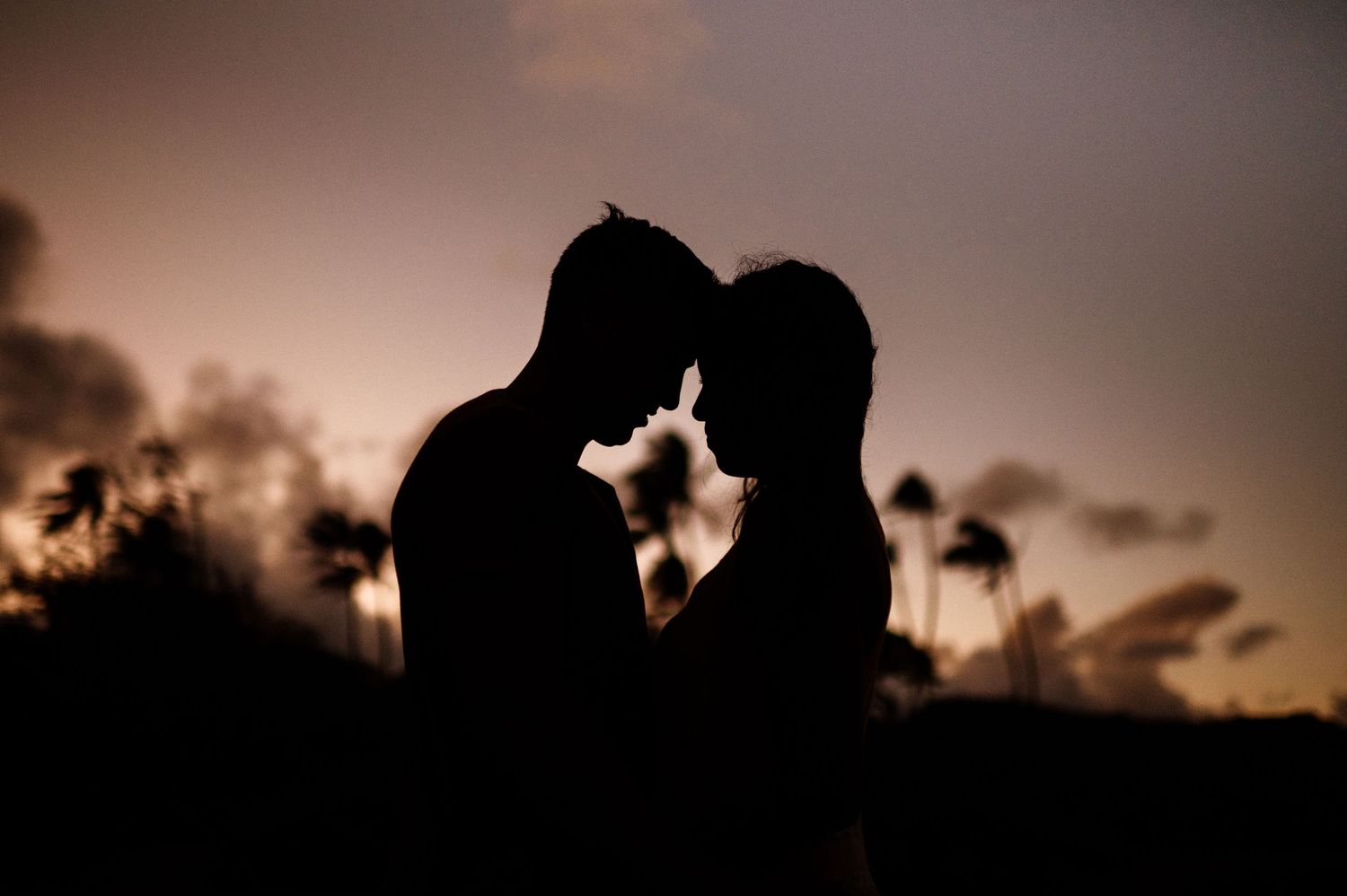 Silhouetted couple embraces against dramatic sunset sky with palm trees.