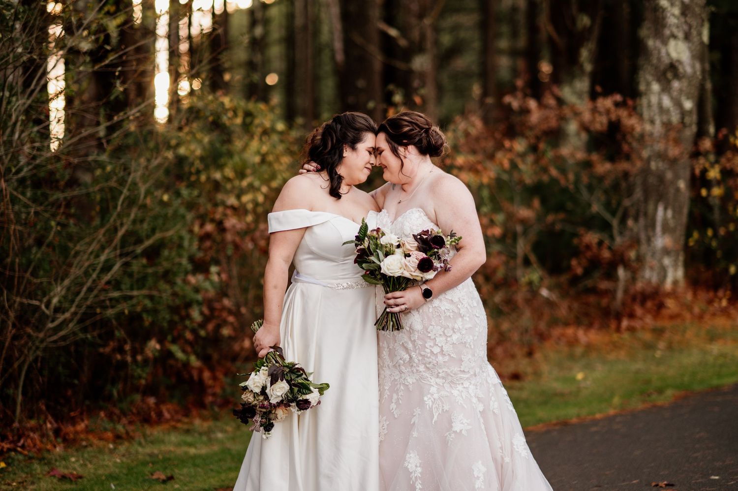 Autumn wedding photos showing intimate moments between newlyweds among fall foliage.