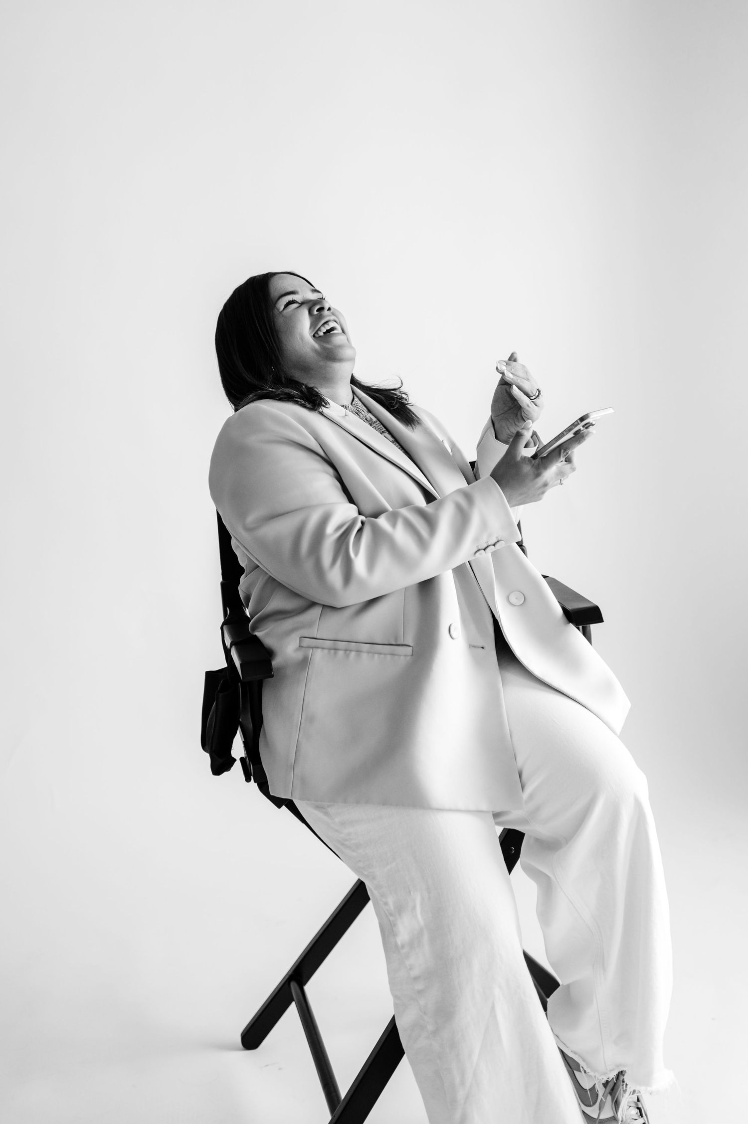 A person in white clothing poses expressively against a light background in a dynamic photo sequence.