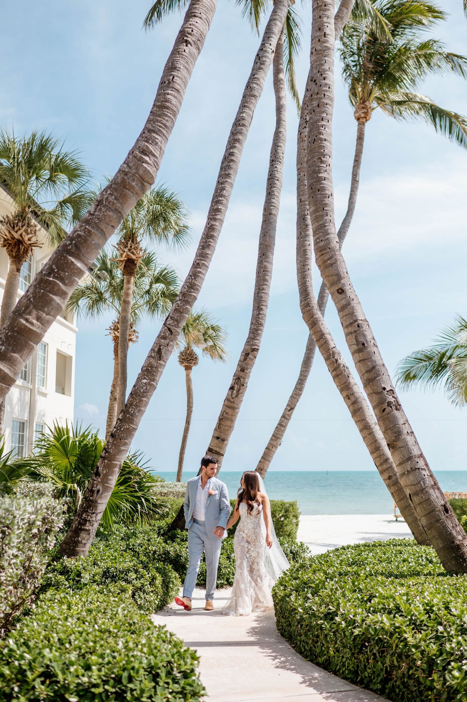 Palm trees line a tropical beach pathway leading to the ocean on a sunny day.
