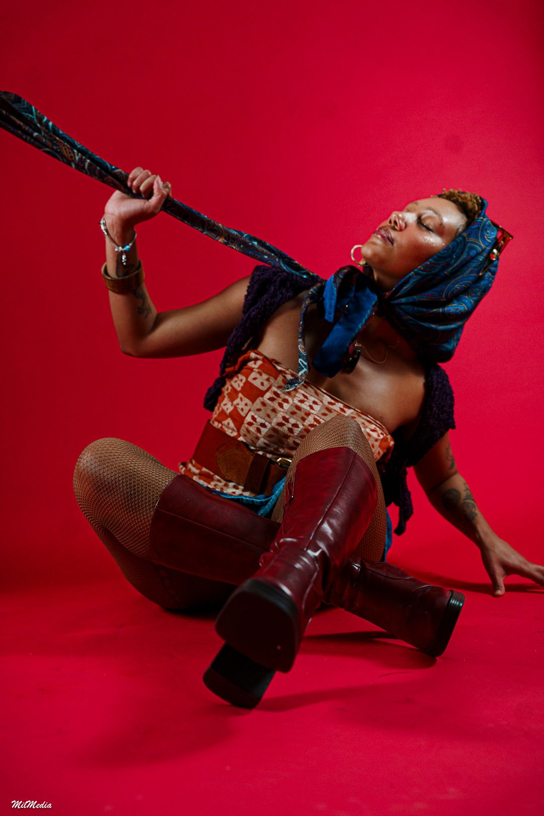 Dynamic dance poses captured in sequence against vivid red backdrop.
