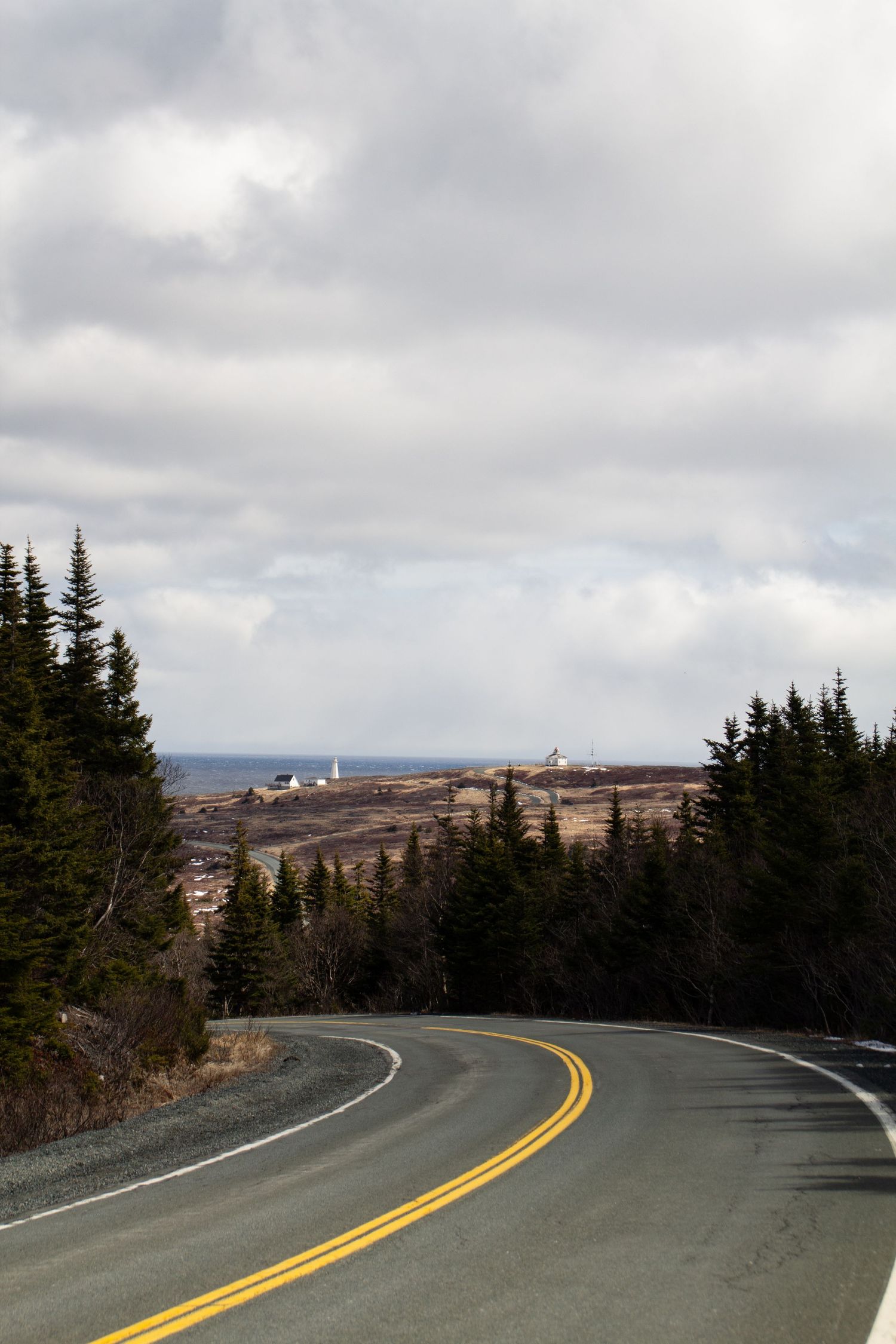Route menant au site historique national du phare de Cape Spear avec le phare en arrière plan.