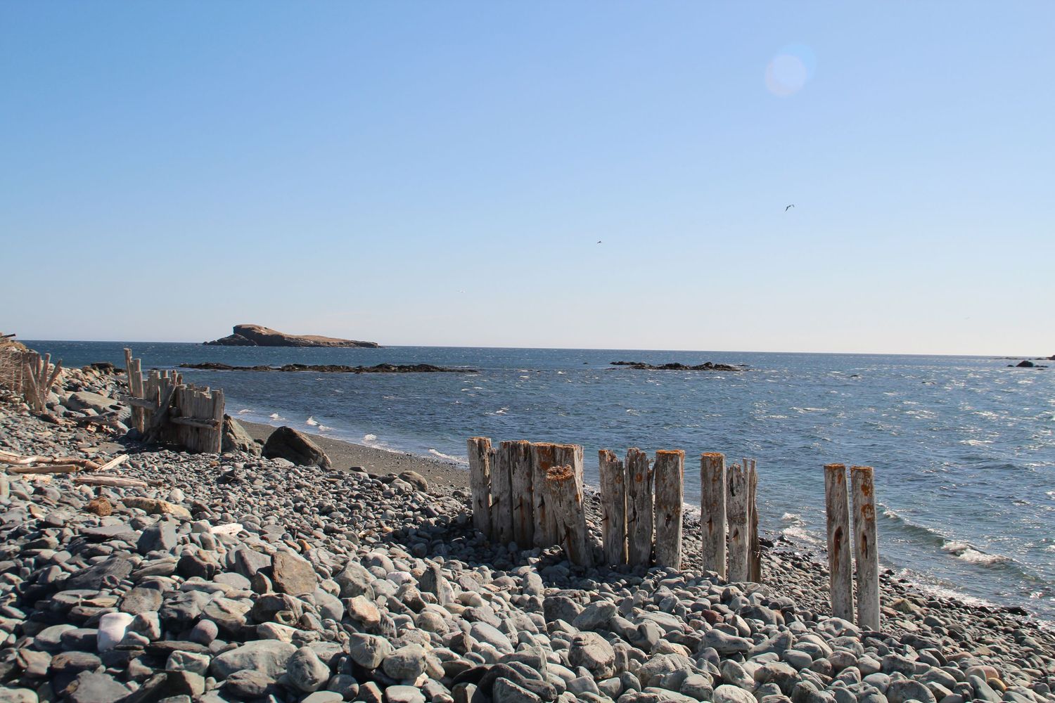 Plage de galets avec des pics en bois