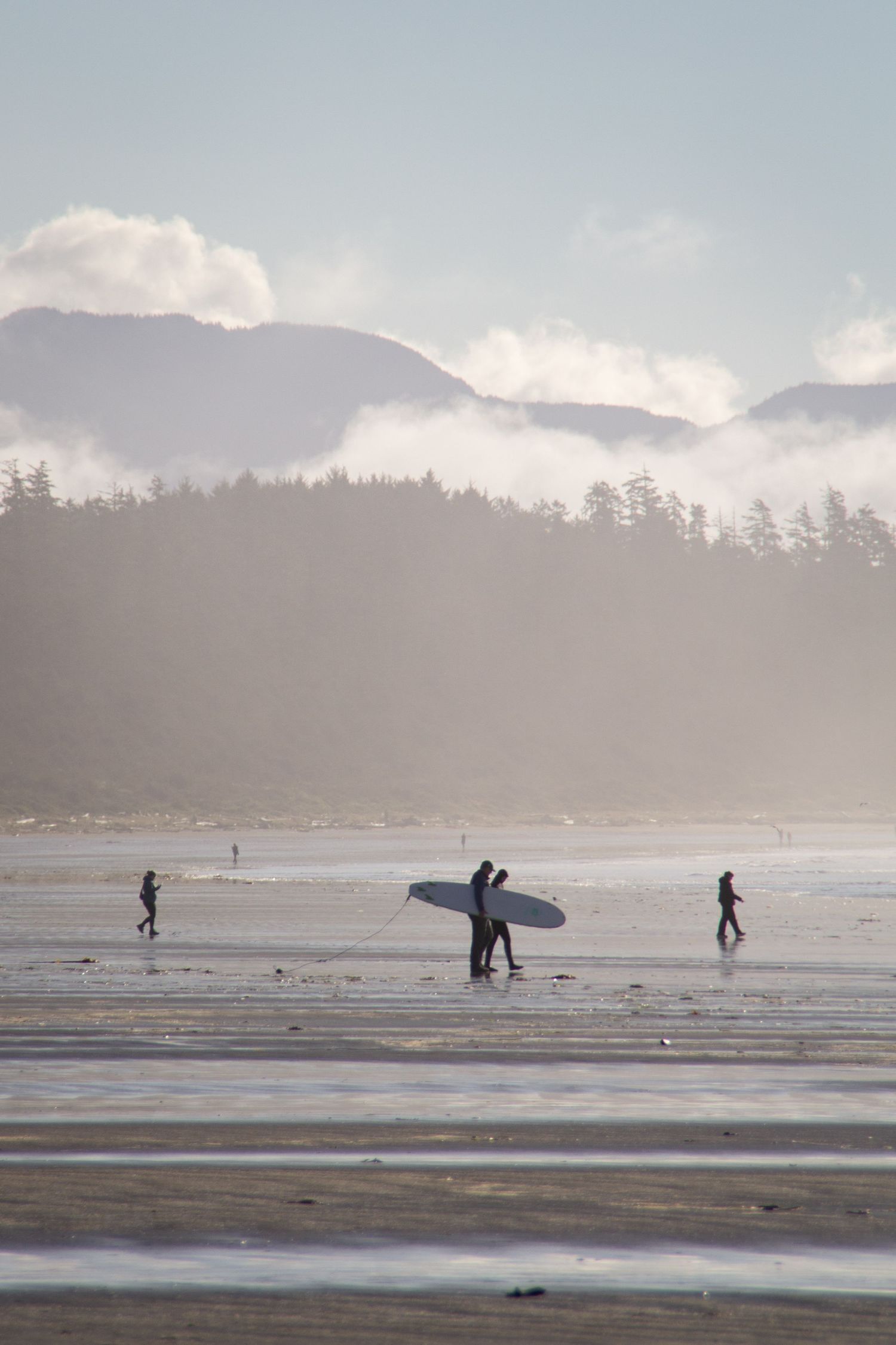 Personnes et surfeurs marchent sur la plage de Tofino sous la brume avec en arrière plan une forêt de pins et la montagne.