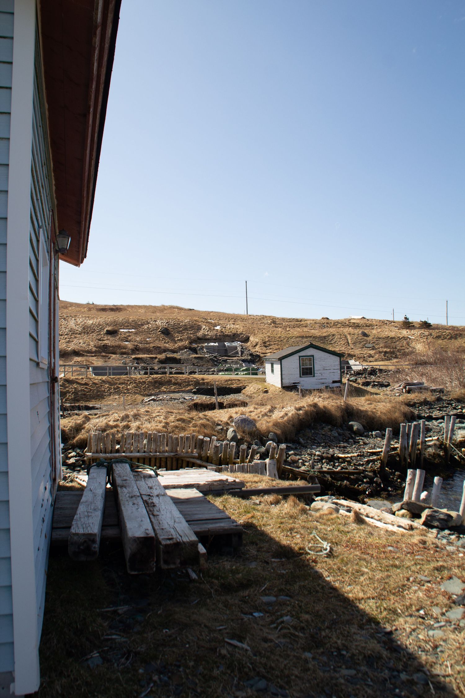 Maisons de pêcheurs à Ferryland au milieu d’un paysage désertique.