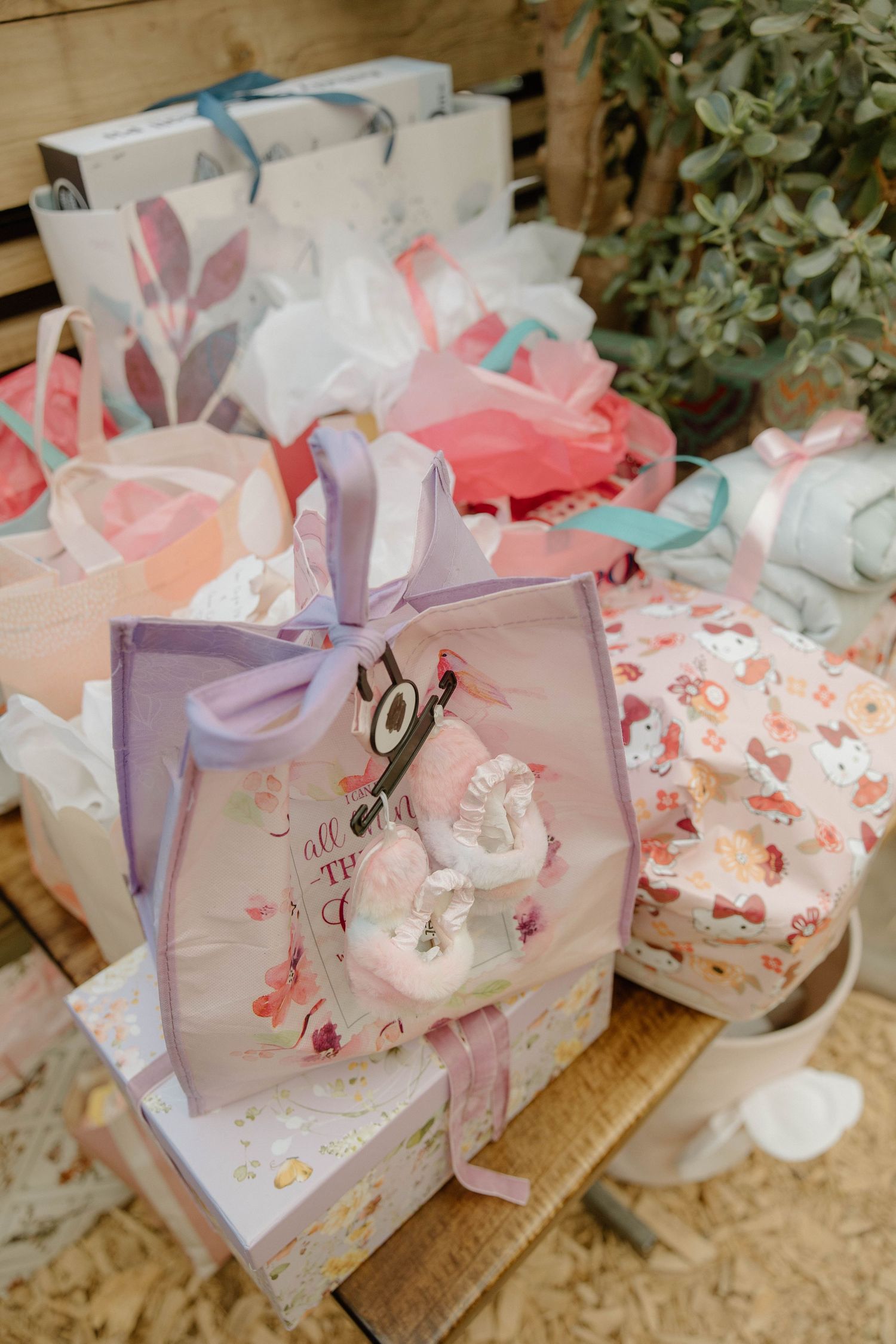 Baby shower gift table with wrapped presents